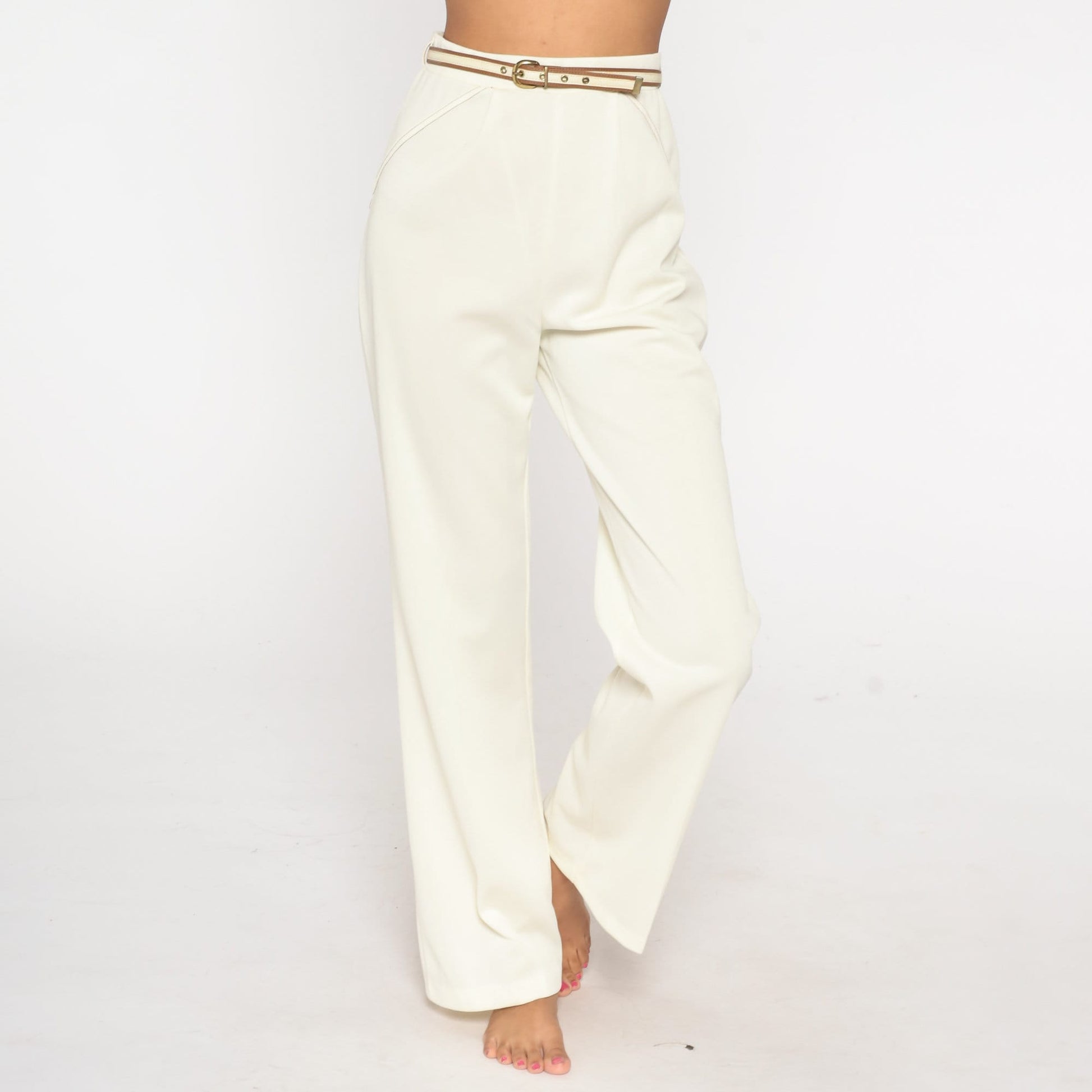 70s White High-Rise Straight Leg Trousers with Belt Medium
