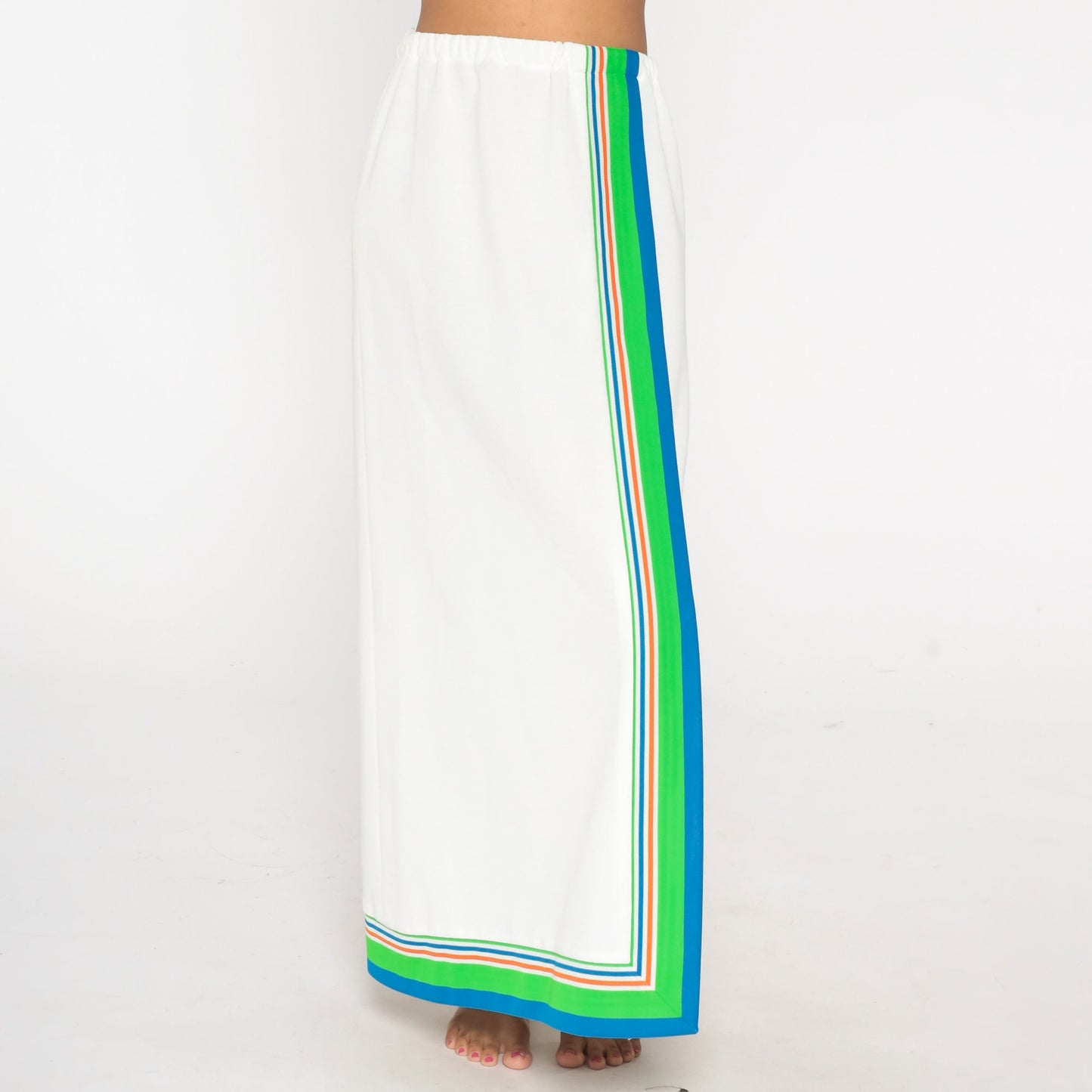 70s White Striped Maxi Skirt High Waist Long Vintage Medium Large