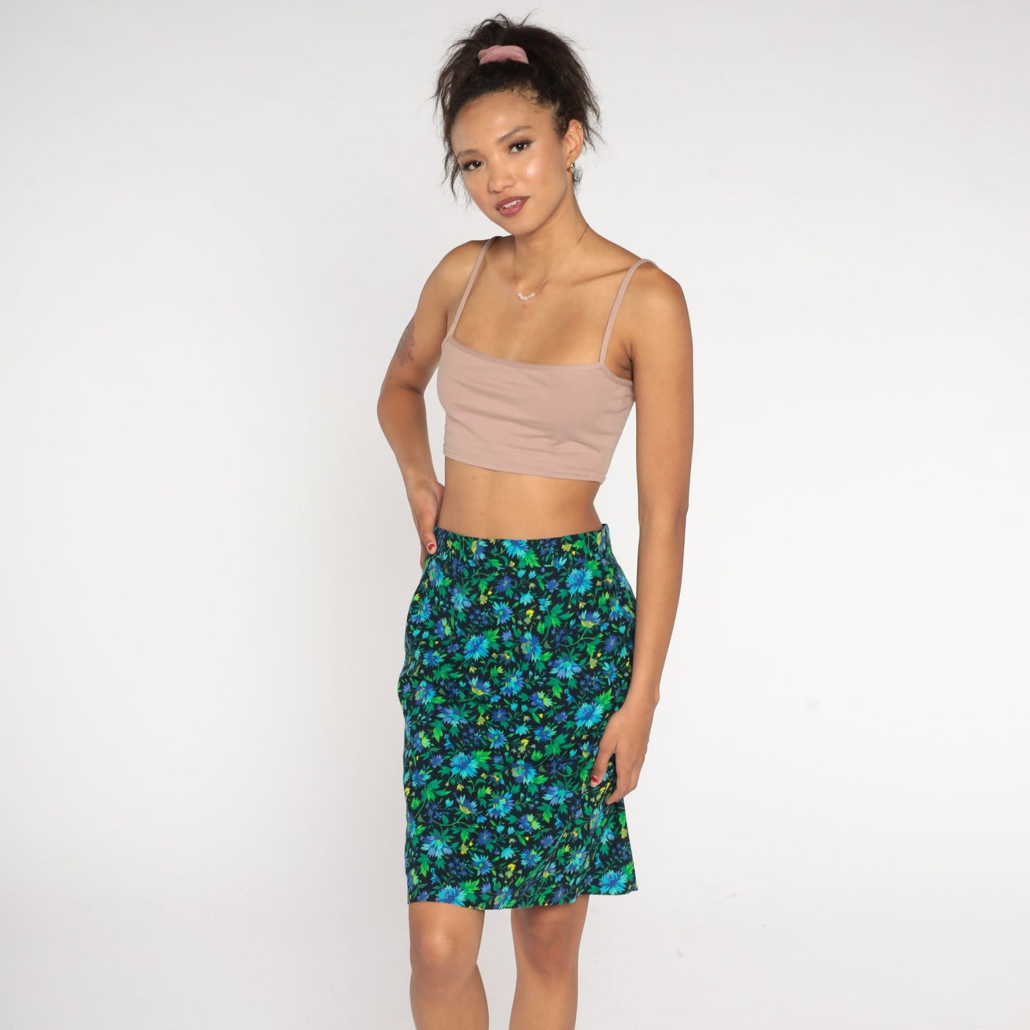 90s United Colors of Benetton Floral Mini Skirt Green Blue High Waist Small