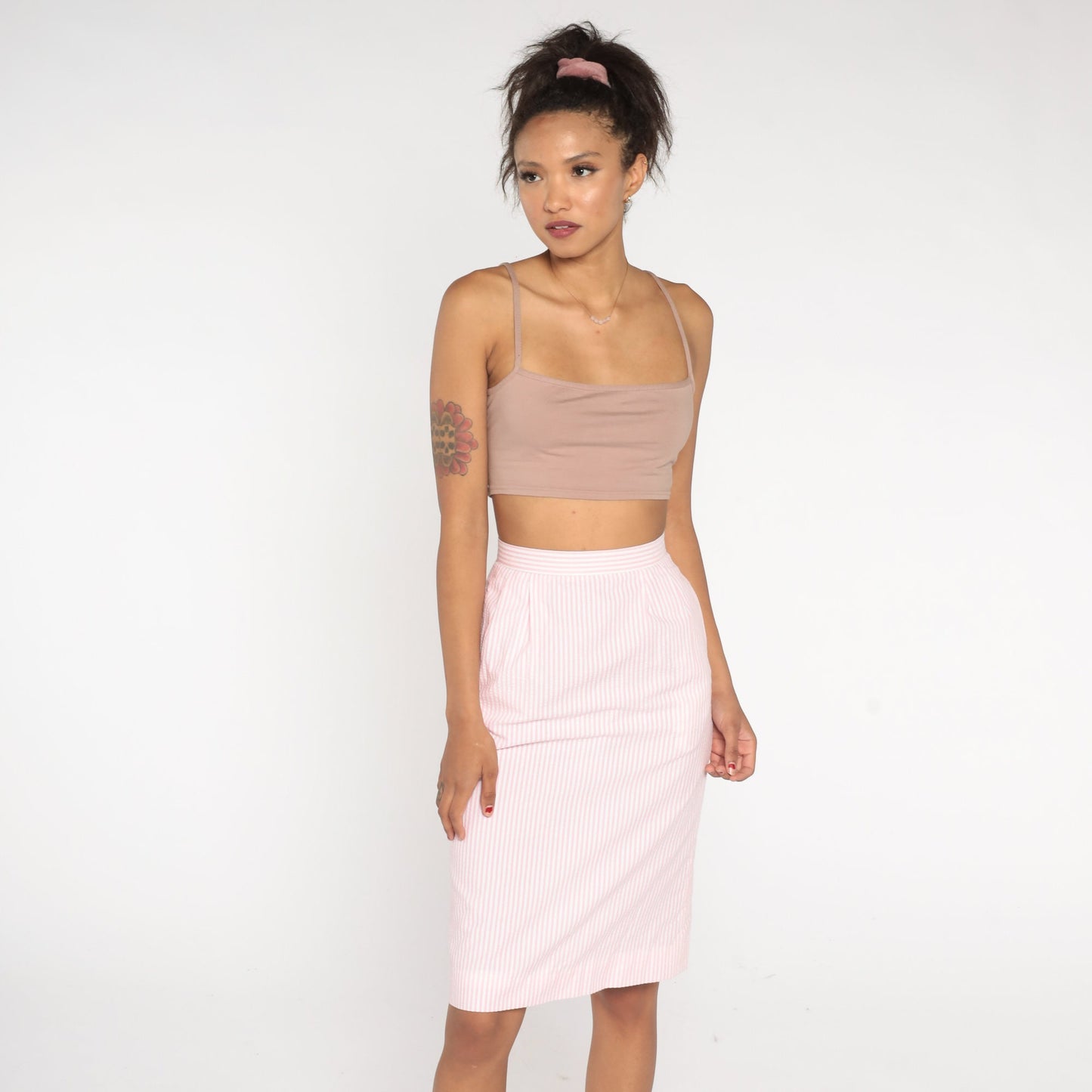 80s Seersucker Striped Midi Skirt Pink White High Waist Pencil Extra Small