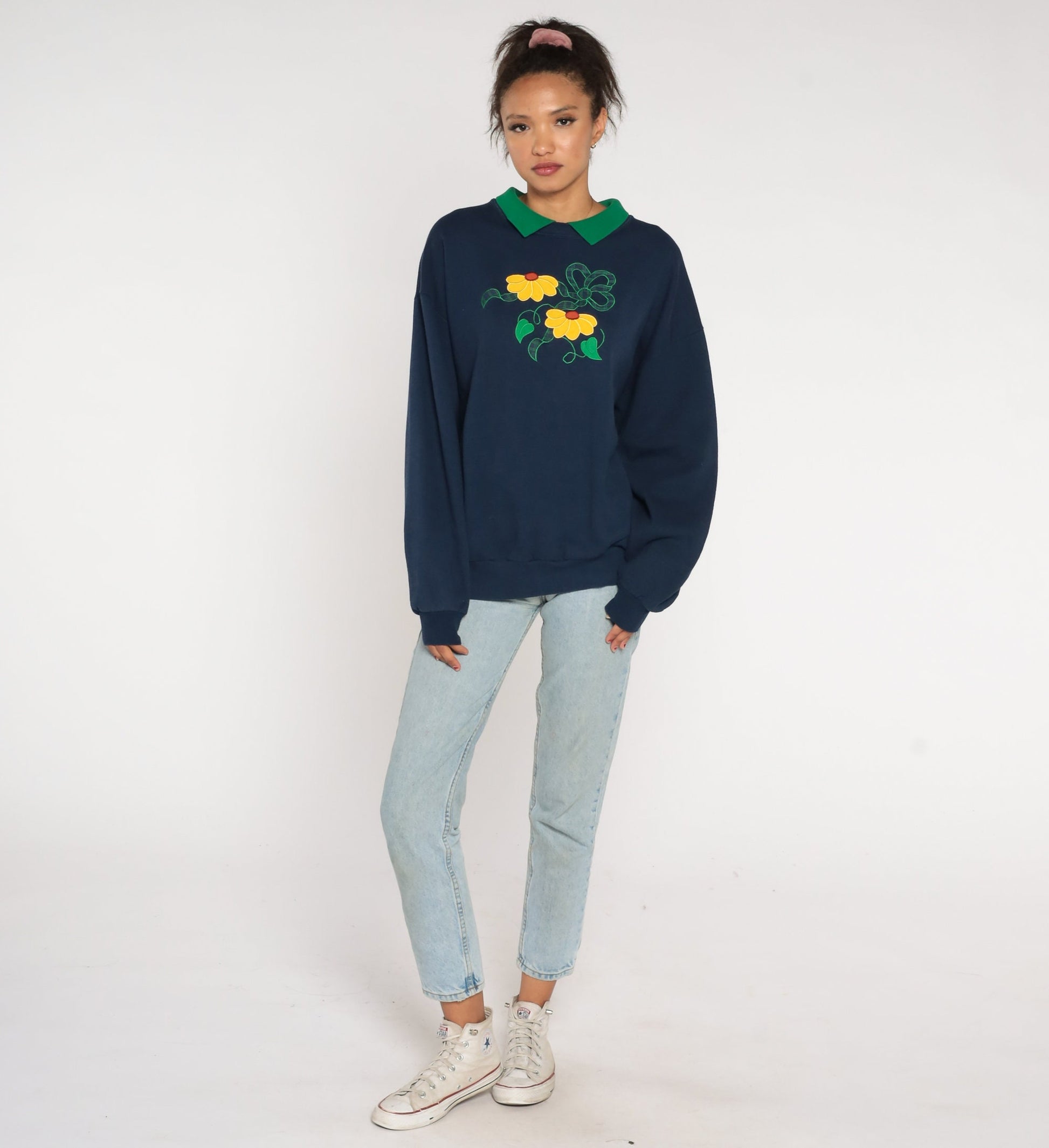 90s Jerzees Collared Floral Sweatshirt Navy Blue Black Eyed Susan Extra Large XXL