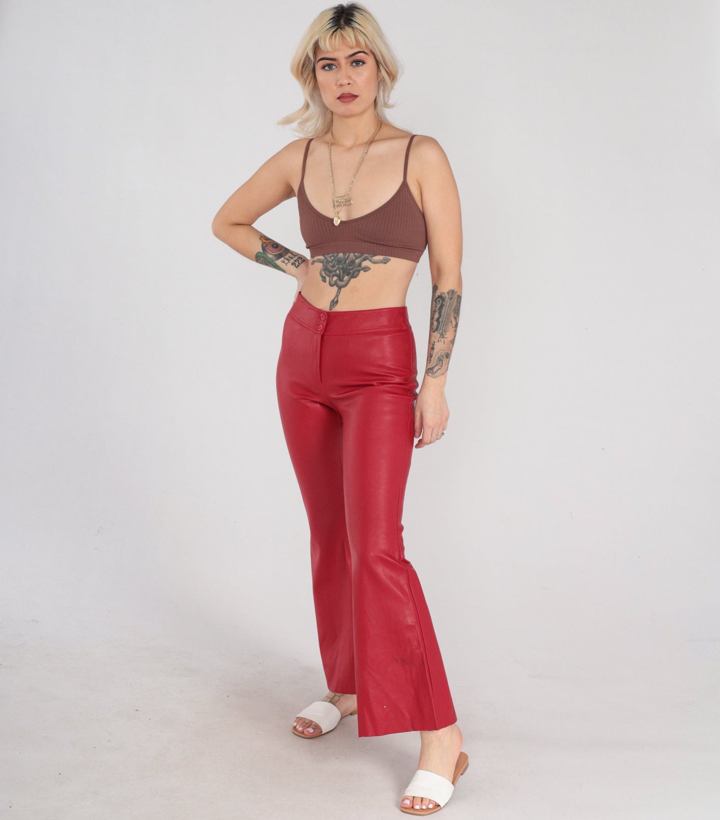 90s Red Vinyl Bell Bottom Pants Flared Trousers Mid Rise Small S