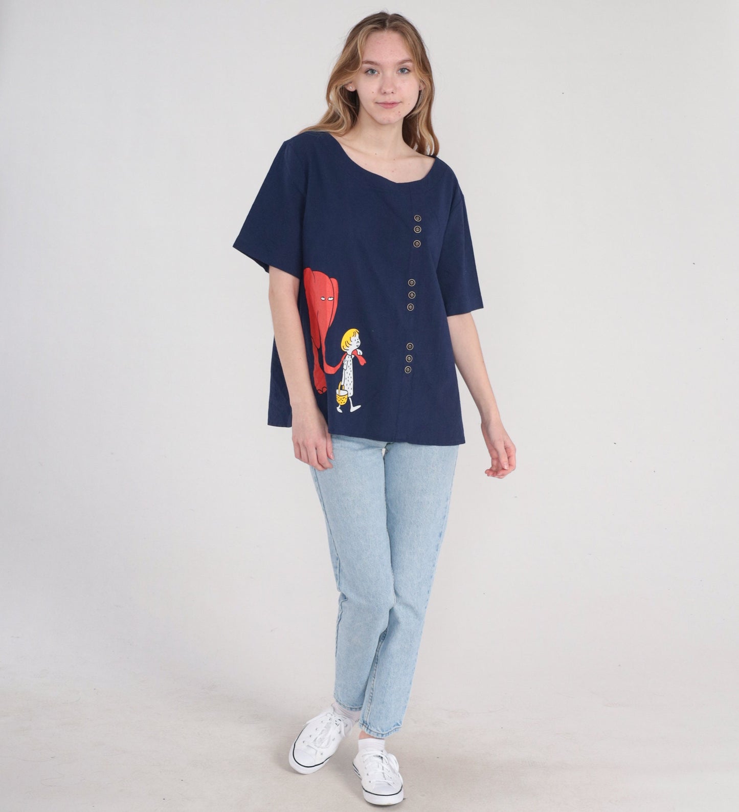 Y2K Cartoon Elephant Graphic T-Shirt Navy Blue Buttons Extra Extra Large XXL
