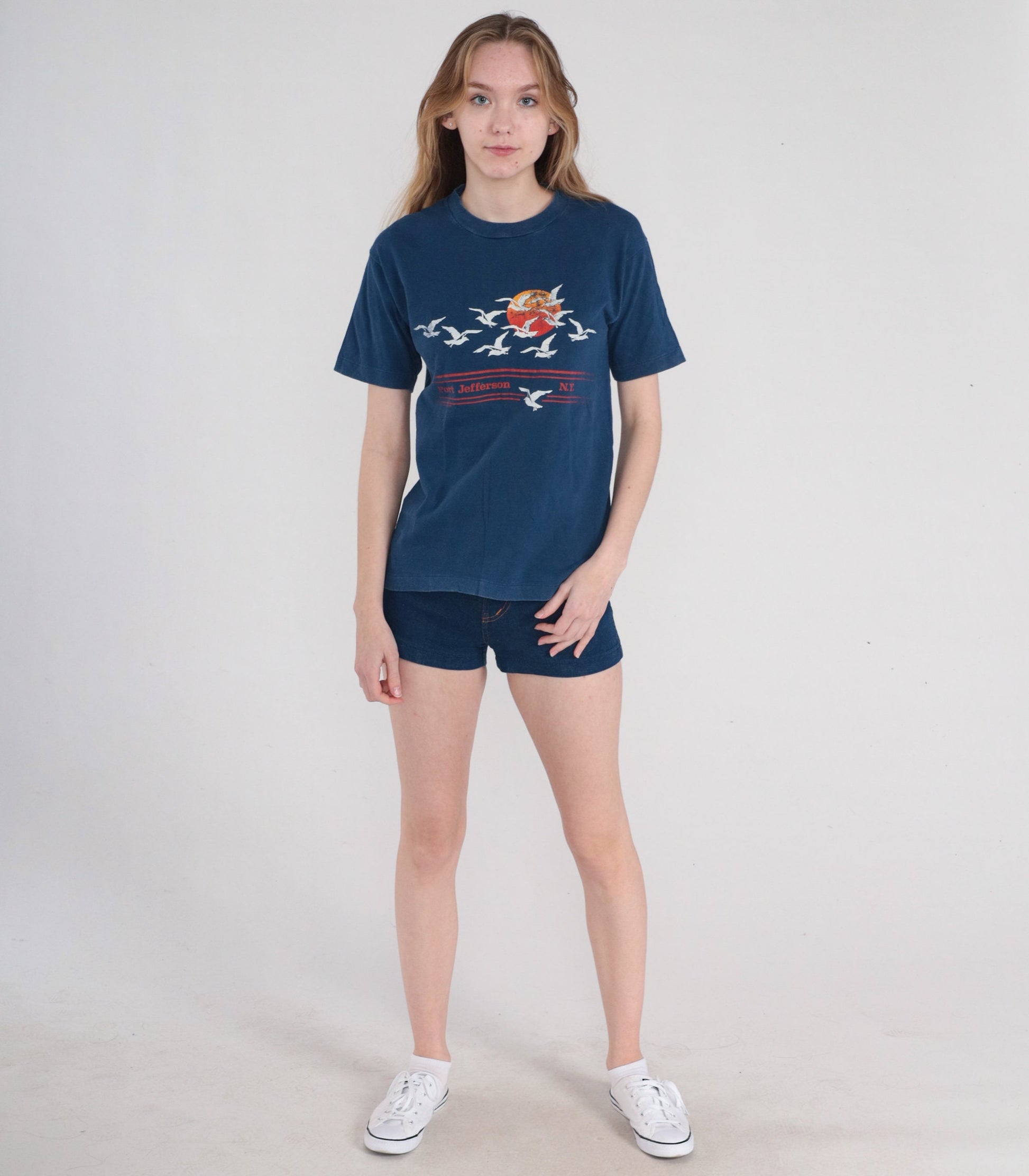 80s Port Jefferson New York Seagull Sunset Graphic T-Shirt Navy Single Stitch Small