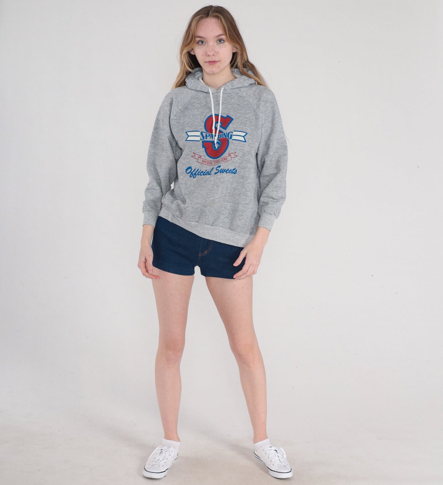90s Spalding Hoodie Heather Grey Raglan Athletic Logo Pullover Medium