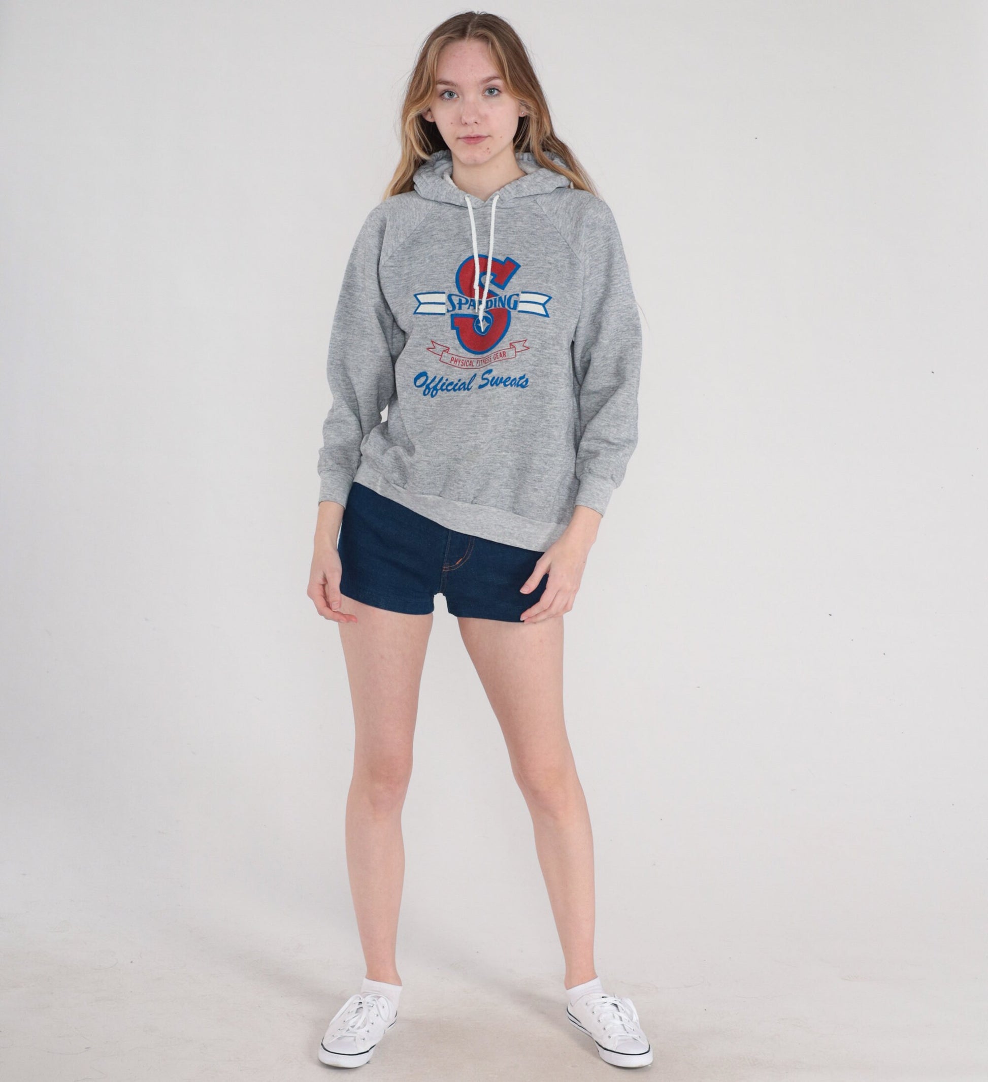 90s Spalding Hoodie Heather Grey Raglan Athletic Logo Pullover Medium