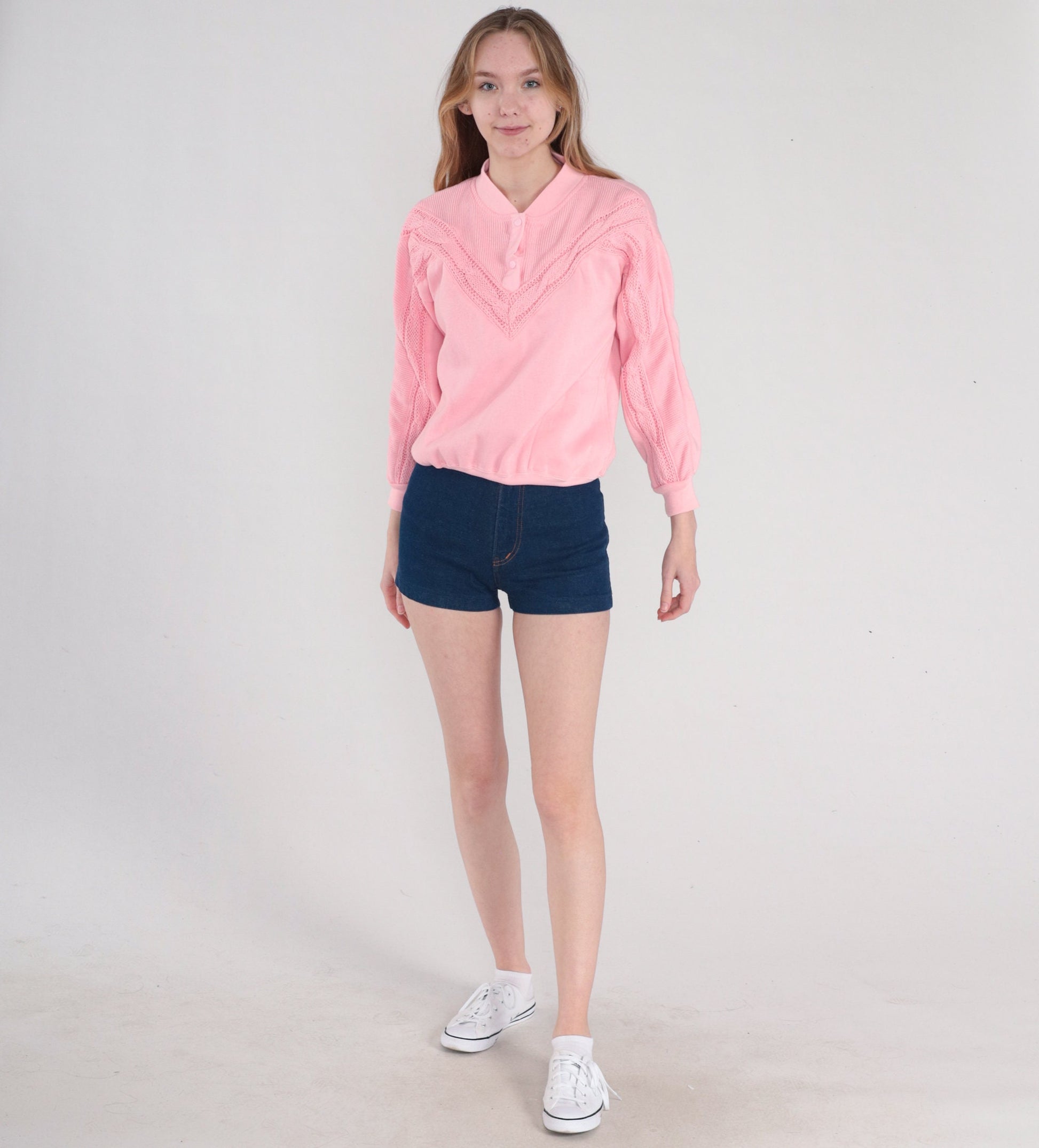 80s Pink Cable Knit Henley Sweatshirt Snap Pullover Small