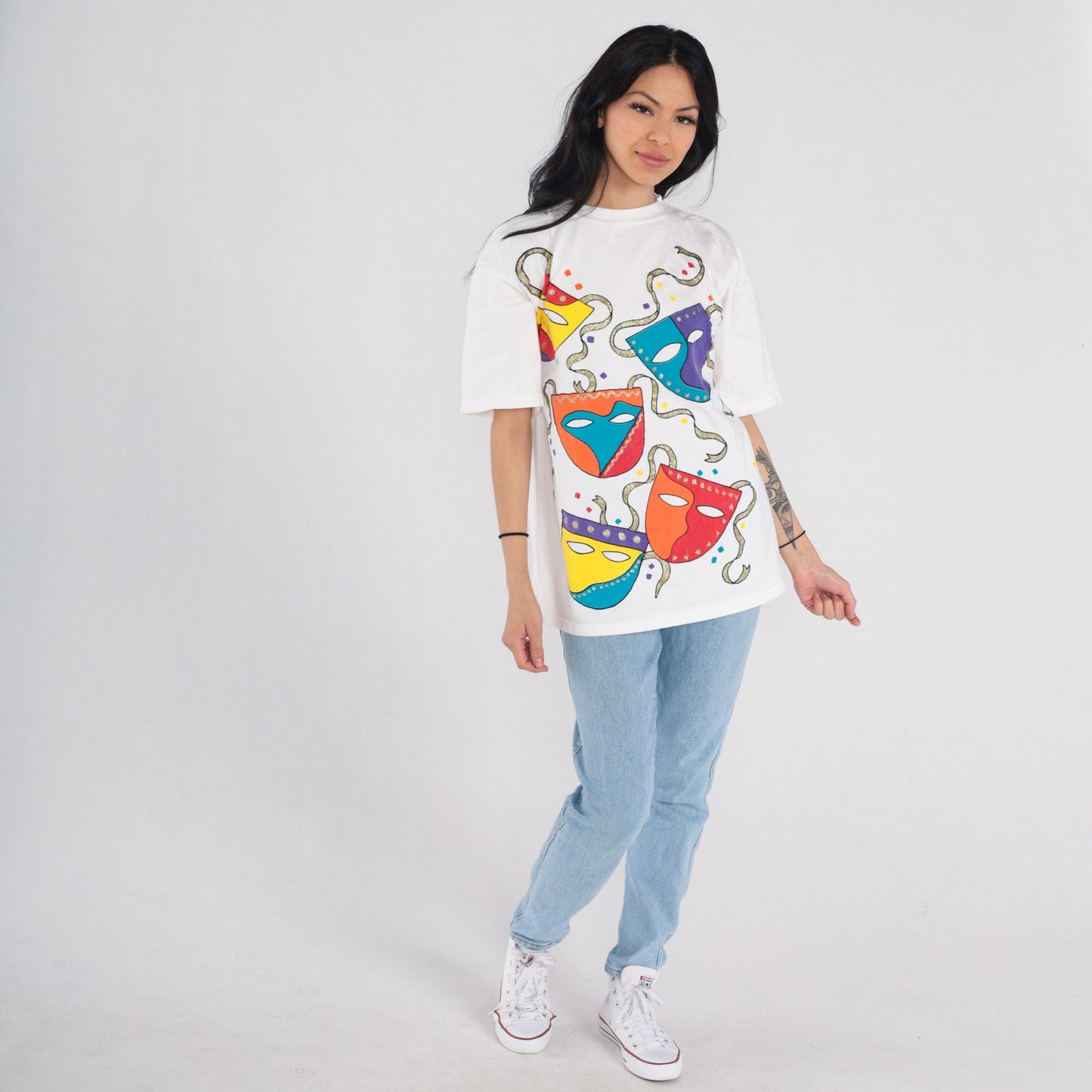 90s Glitter Drama Masks Graphic T-Shirt White Sparkly Theater Tee Small
