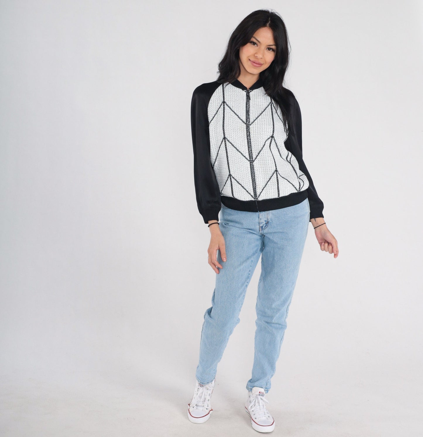 St John Couture Y2K Zip Cardigan Black White Chevron Sequin Silk Blend Small S