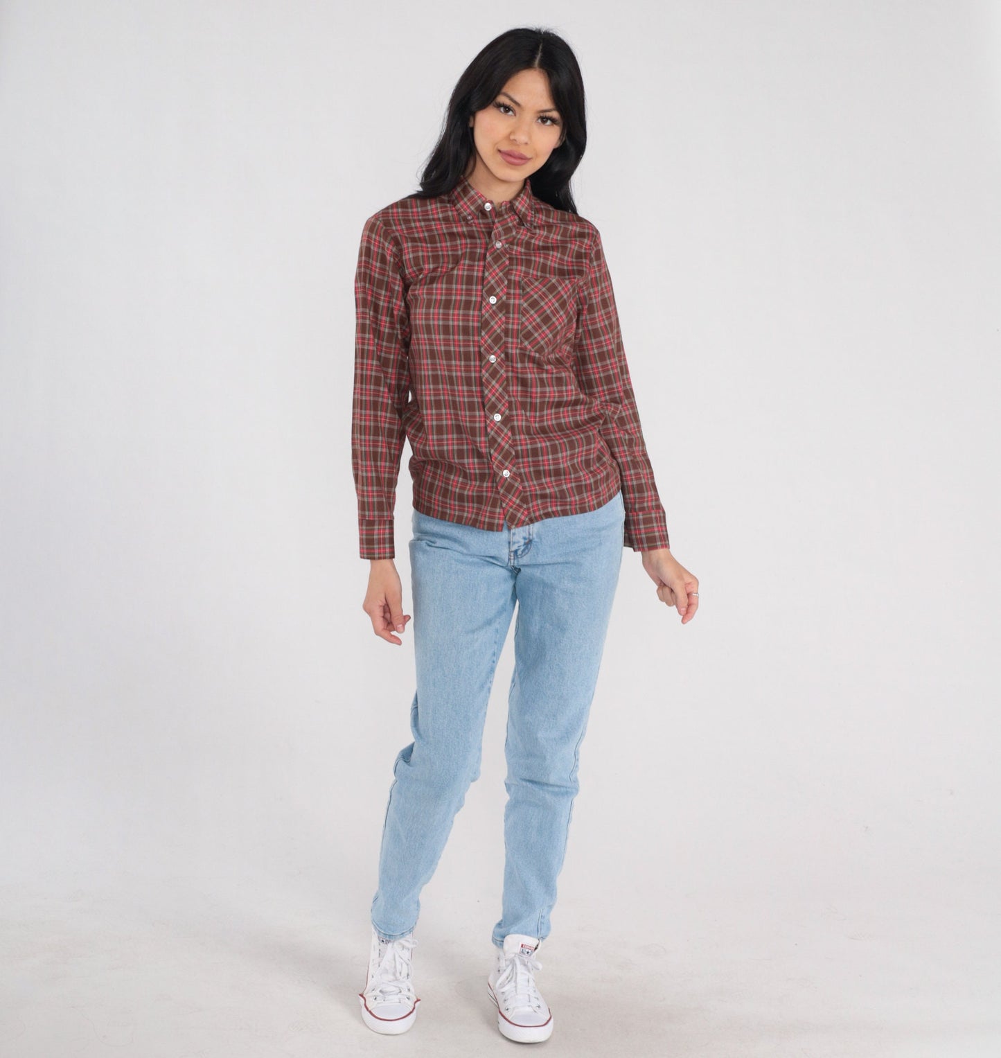 80s Clan Tartans Brown Plaid Button-Up Shirt Long Sleeve Extra Small