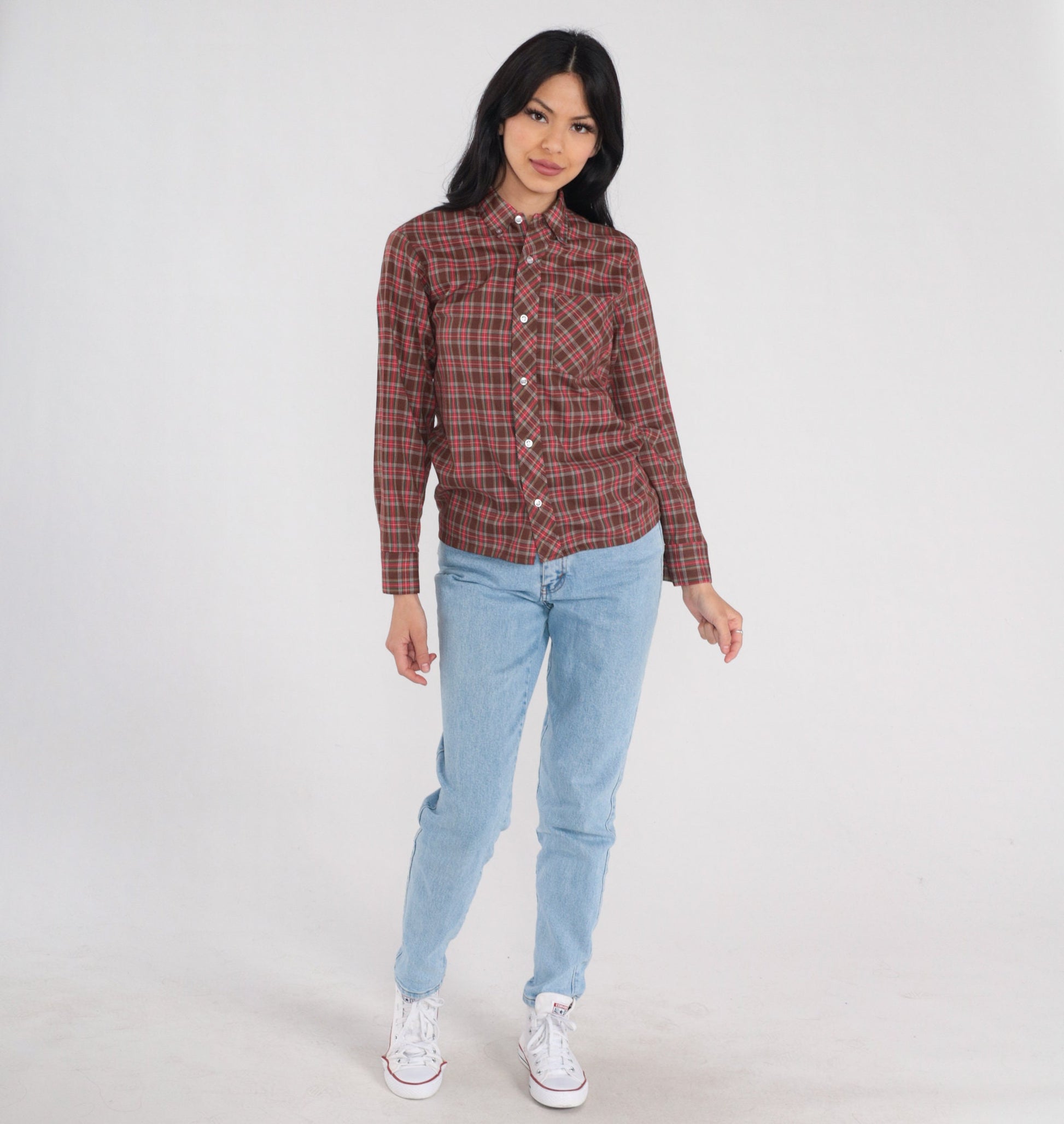 80s Clan Tartans Brown Plaid Button-Up Shirt Long Sleeve Extra Small