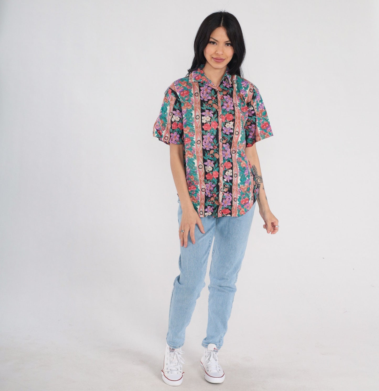 90s Striped Floral Fruit Print Cotton Button-Up Blouse Short Sleeve Small