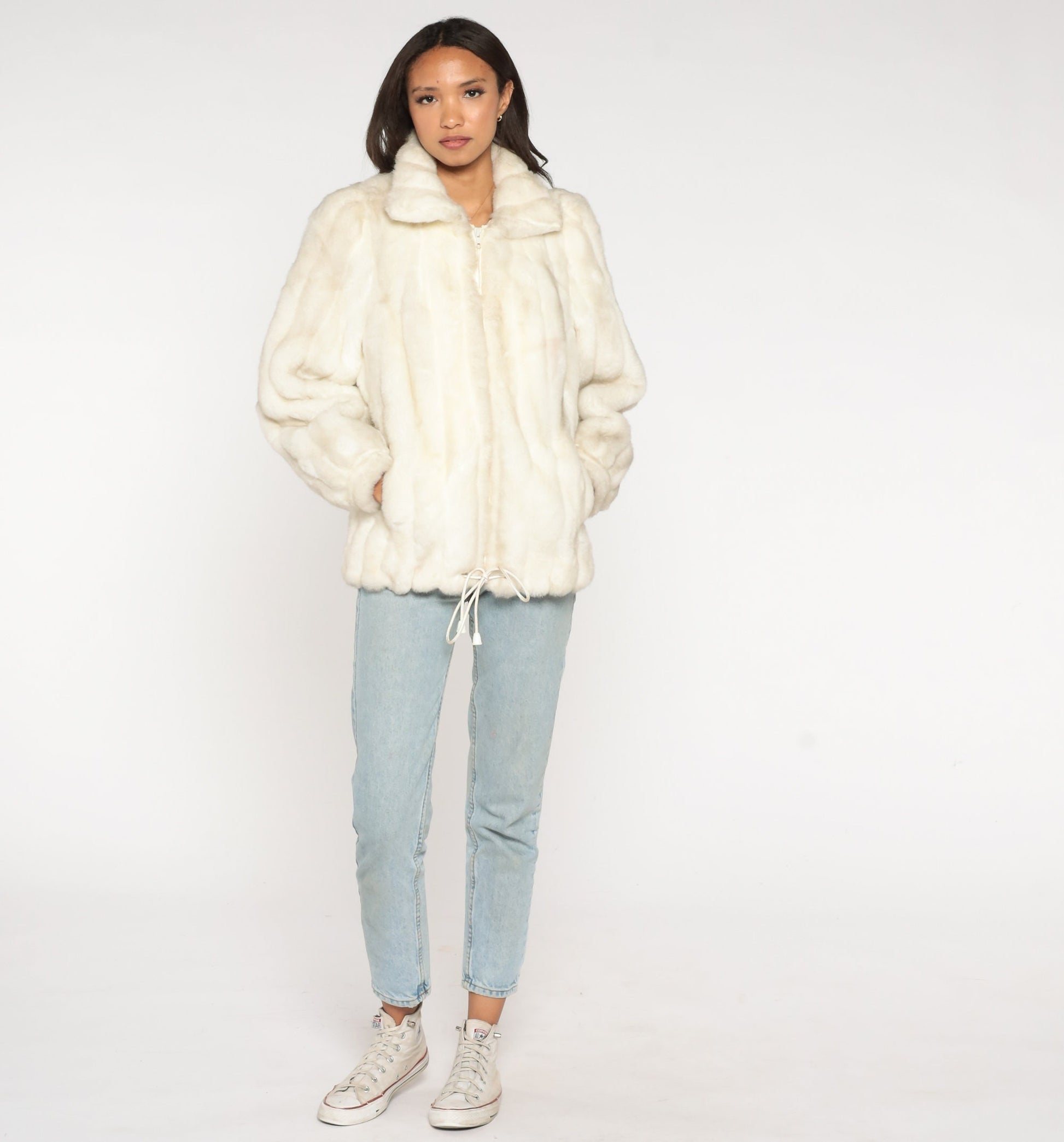 80s Jordache Faux Fur Coat Cream Zip-Up Jacket Medium
