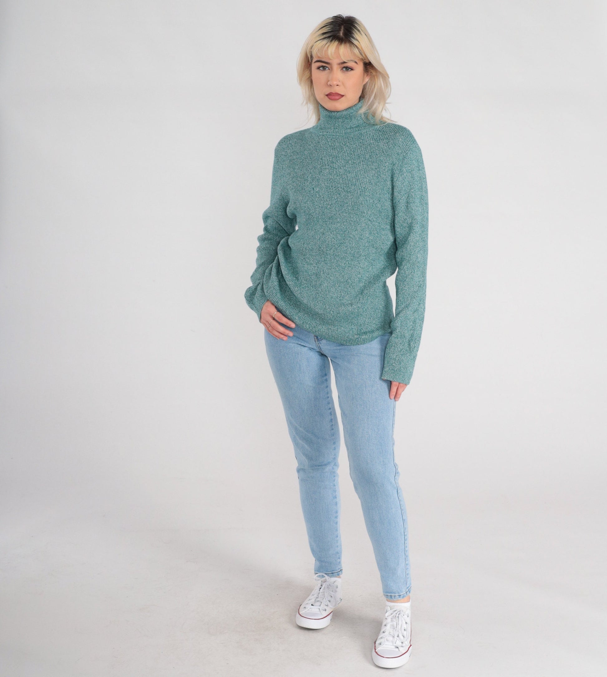 00s Green Flecked Ribbed Knit Turtleneck Cotton Long Sleeve Extra Large XL