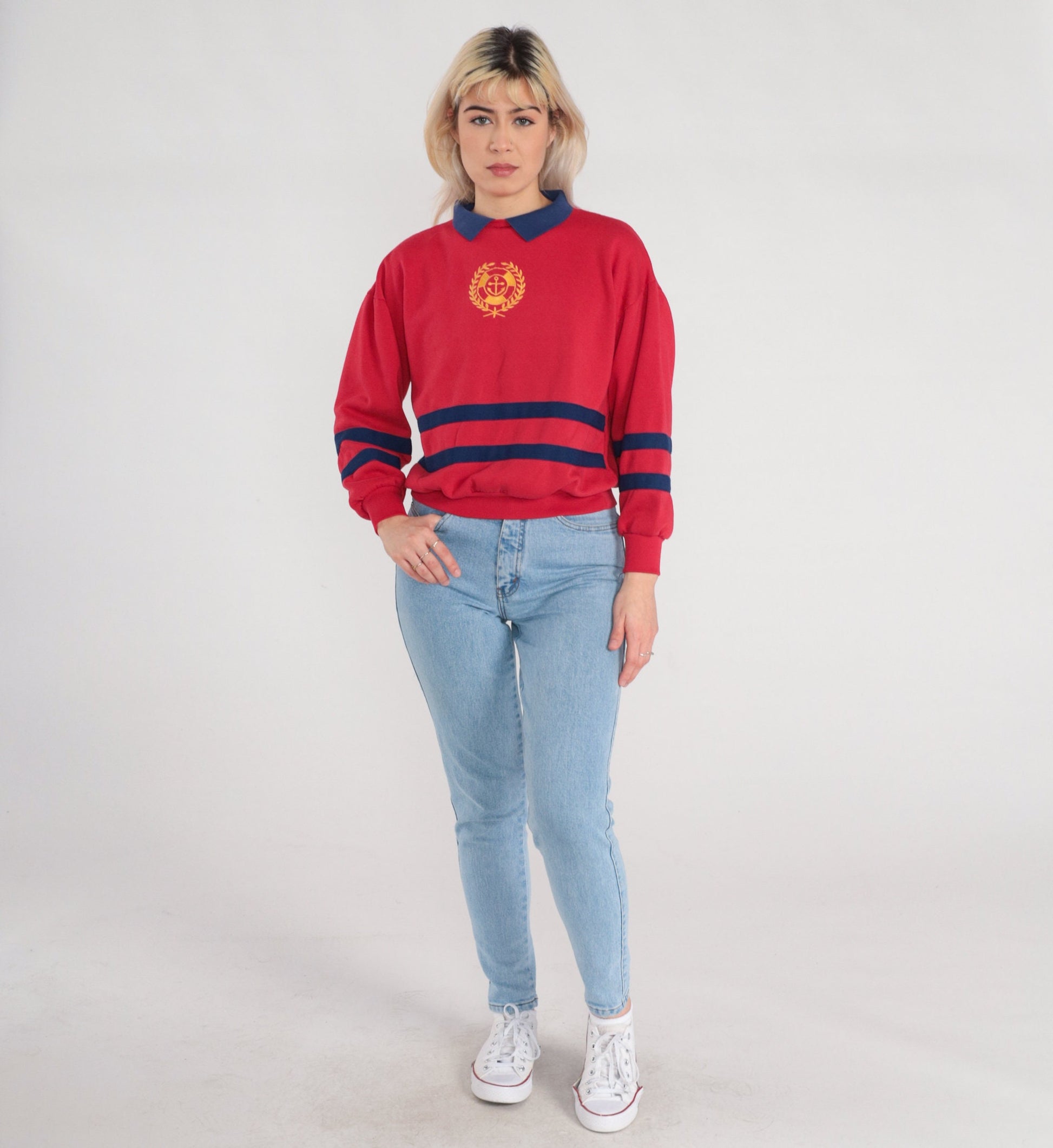 90s Red Anchor Nautical Collared Sweatshirt Blue Striped Pullover Small S