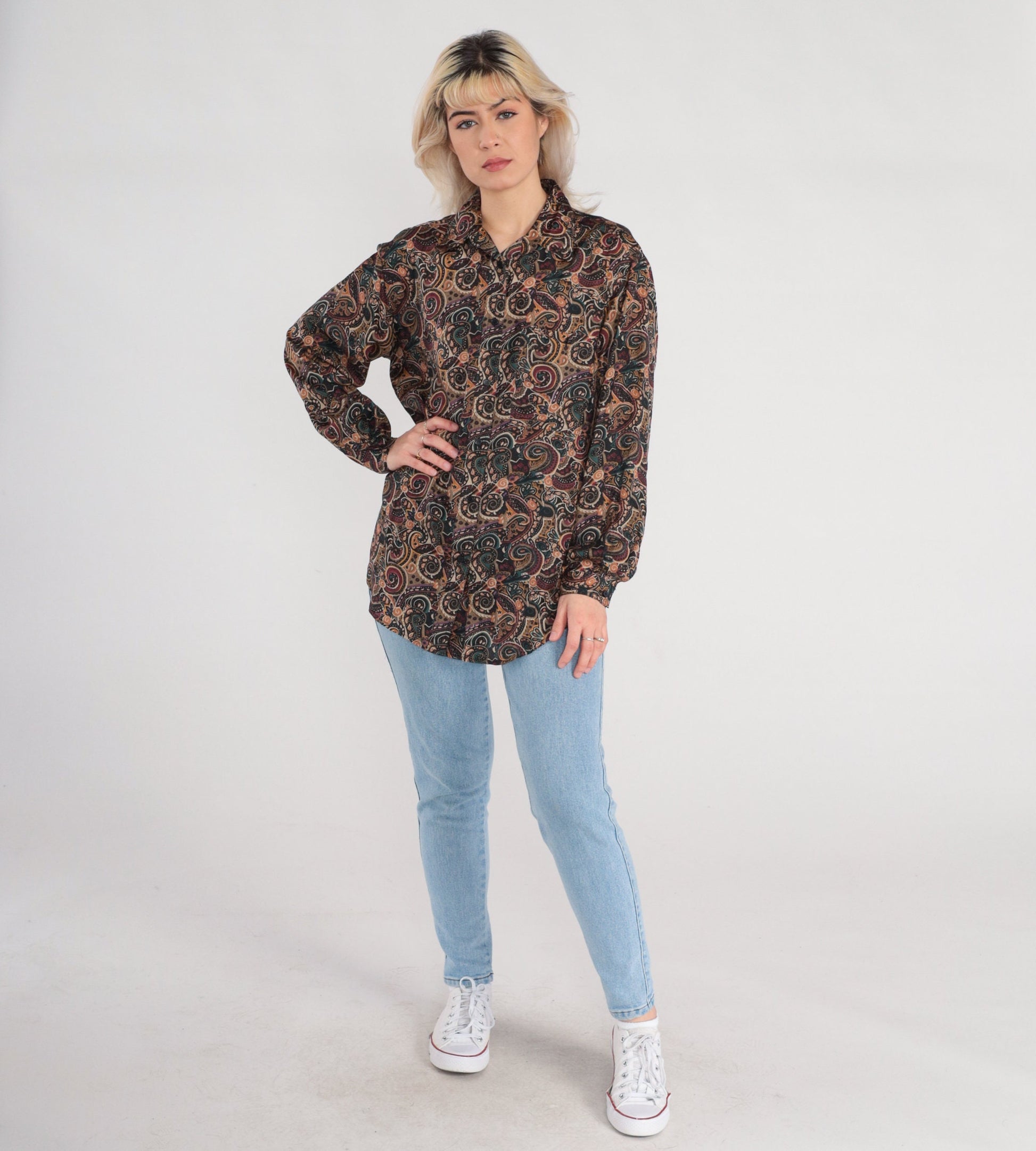 90s Silk Button-Up Blouse Abstract Paisley Swirl Print Brown Long Sleeve Small S