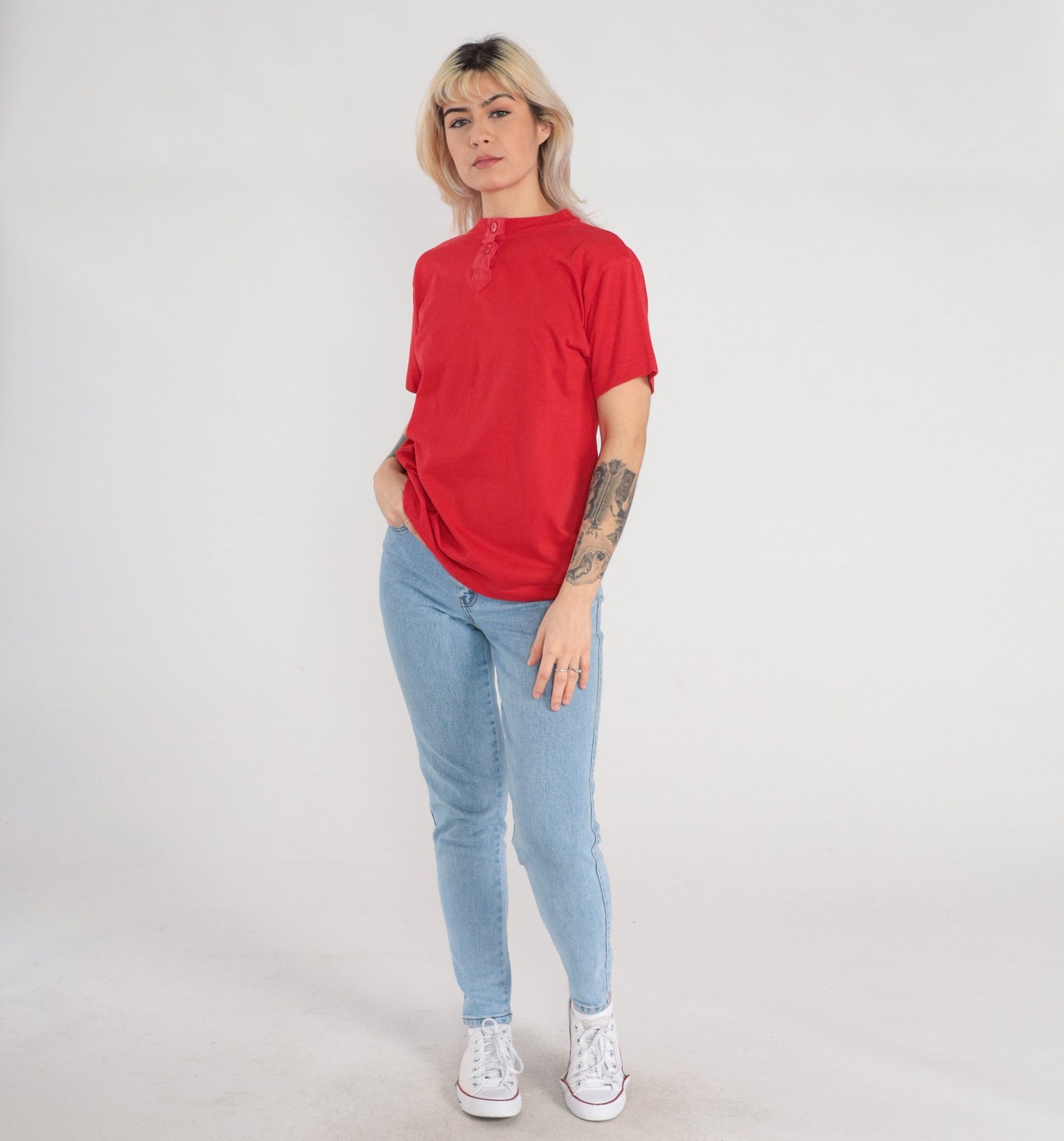 80s Red Henley T-Shirt Single Stitch Cotton Blend Short Sleeve Extra Small