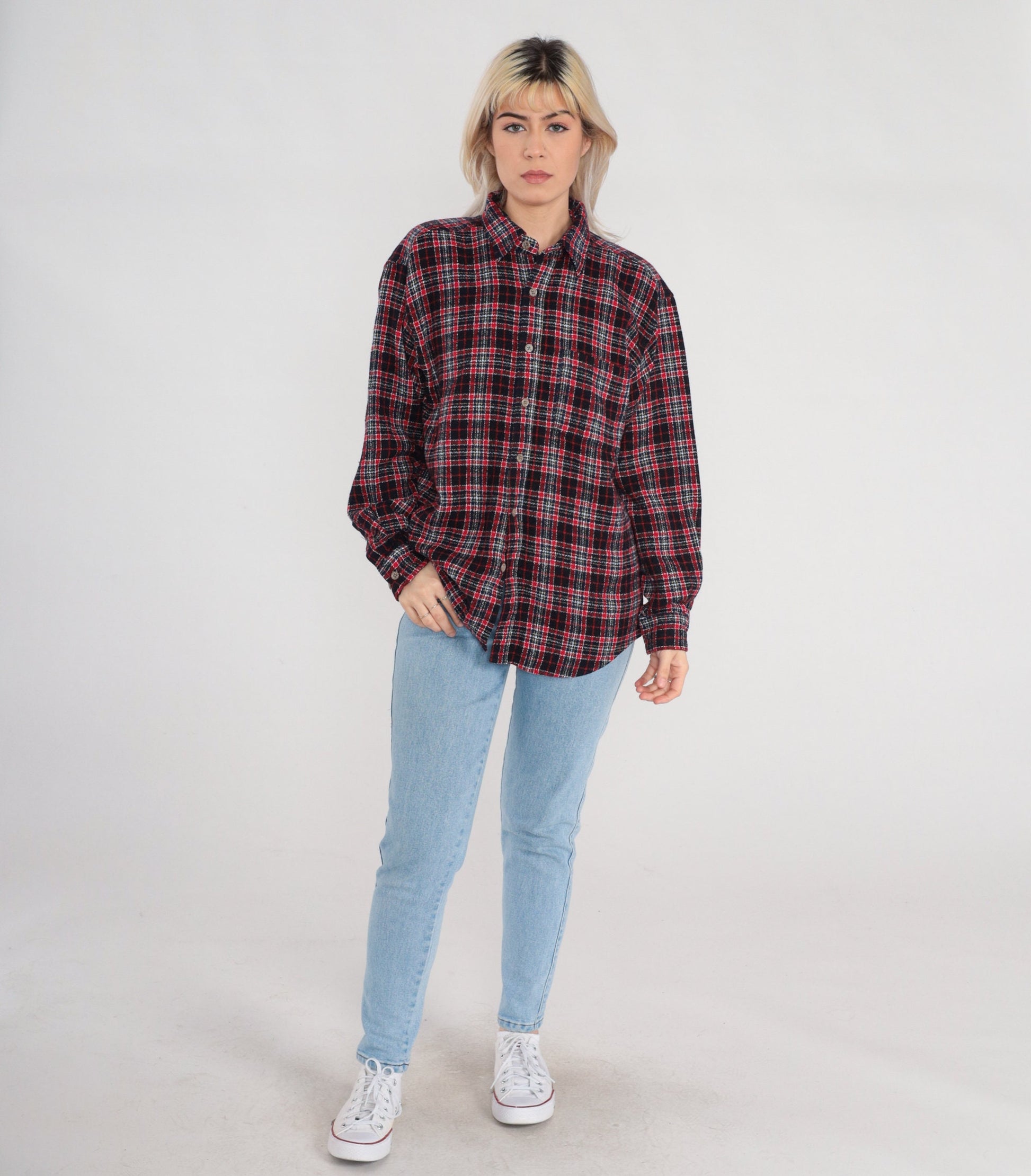 90s Red Plaid Flannel Button-Up Shirt Cotton Long Sleeve Large L