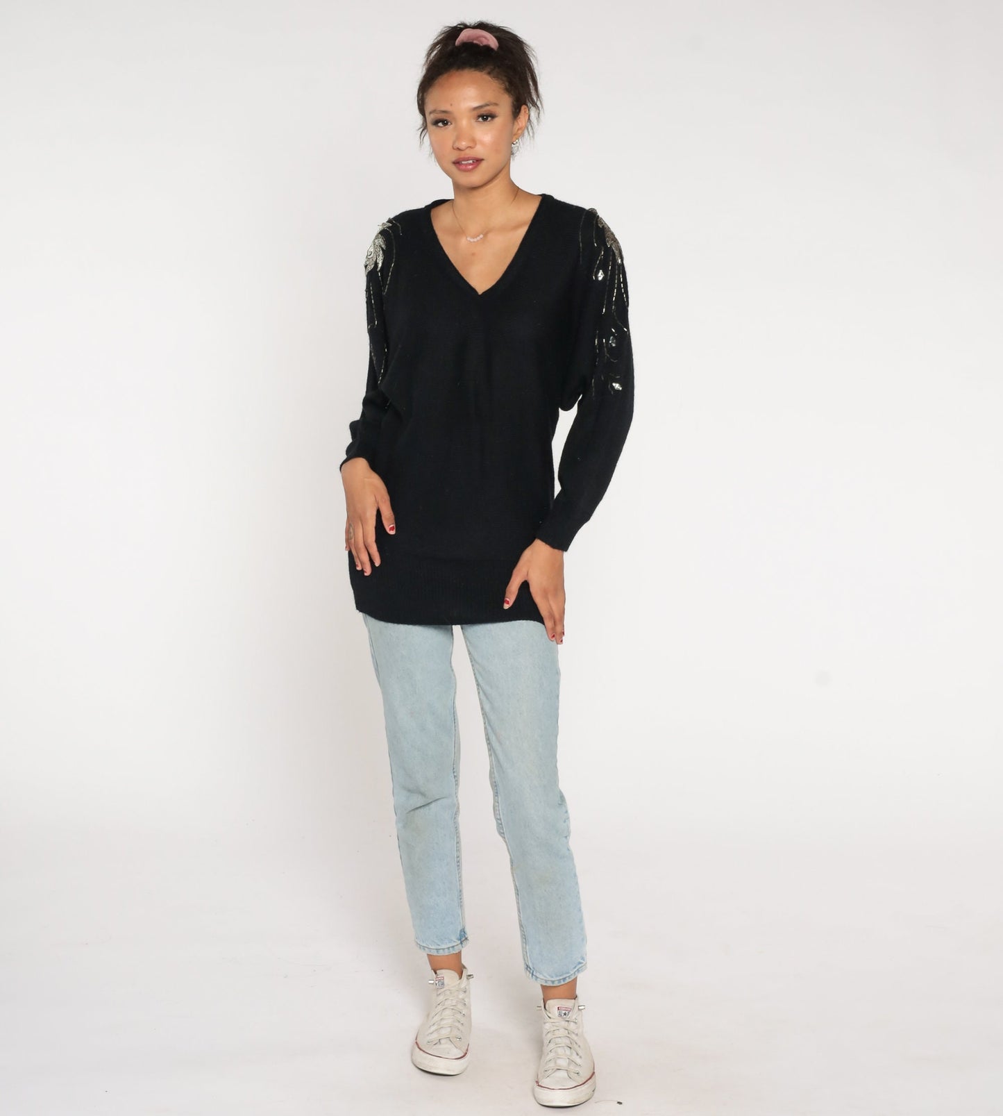 80s Black Knit Sweater Silver Beaded Swirl Dolman Sleeve Pullover Medium