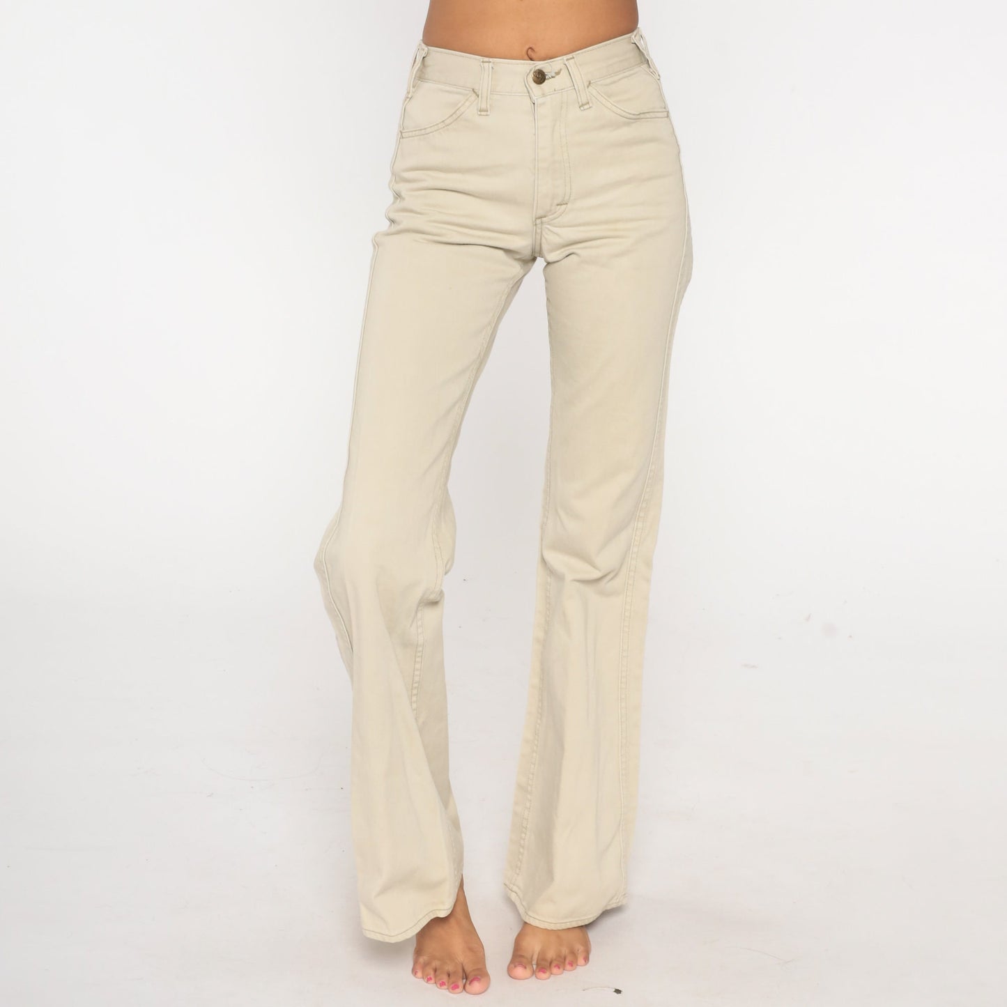 70s Lee Bell Bottom Trousers Beige Mid Rise Flared Pants Extra Small