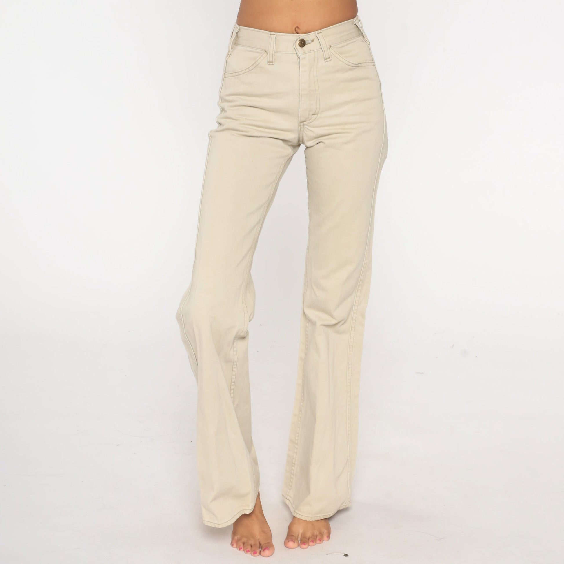 70s Lee Bell Bottom Trousers Beige Mid Rise Flared Pants Extra Small
