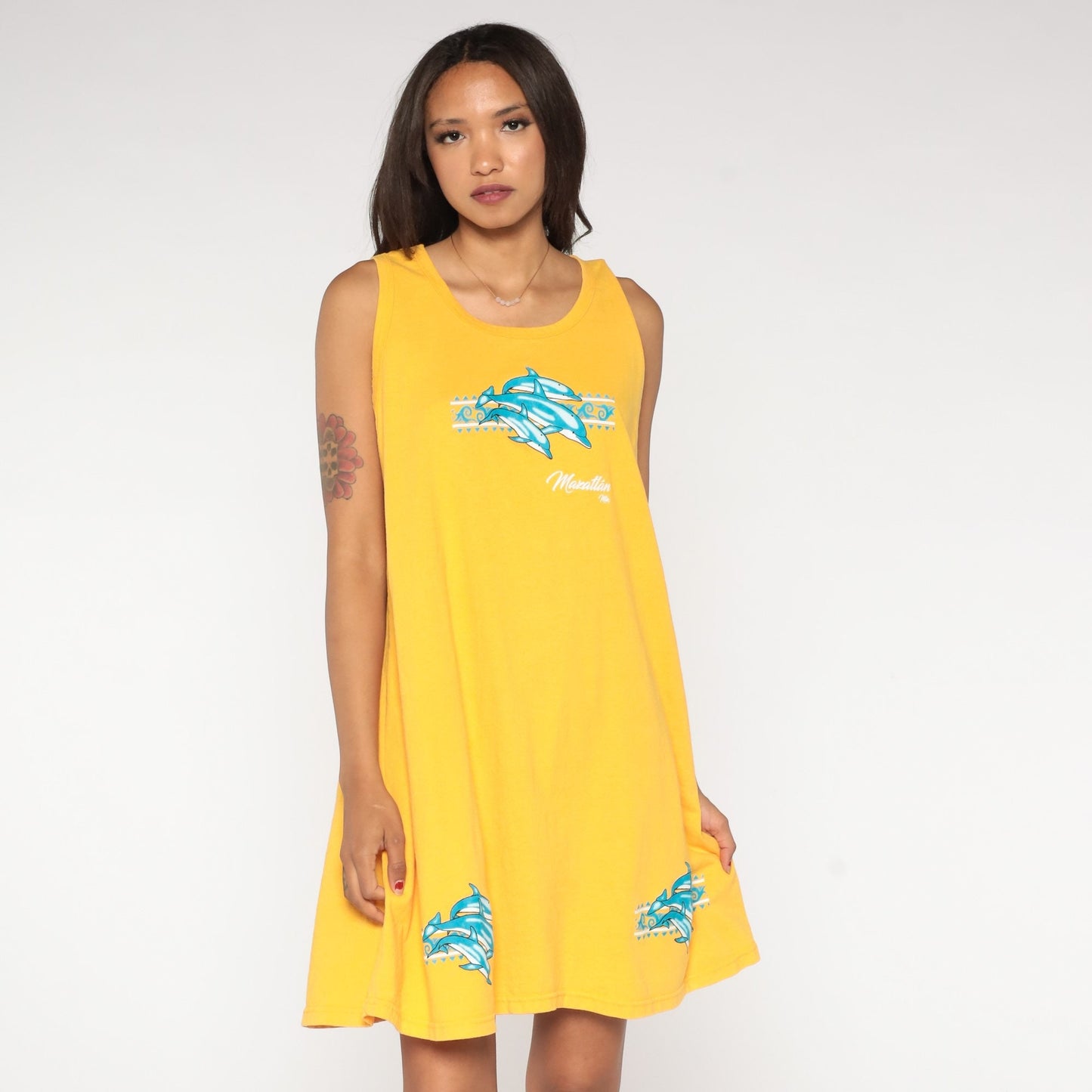 90s Mazatlan Dolphin Tank Dress Yellow Shift Mini Coverup Medium Large
