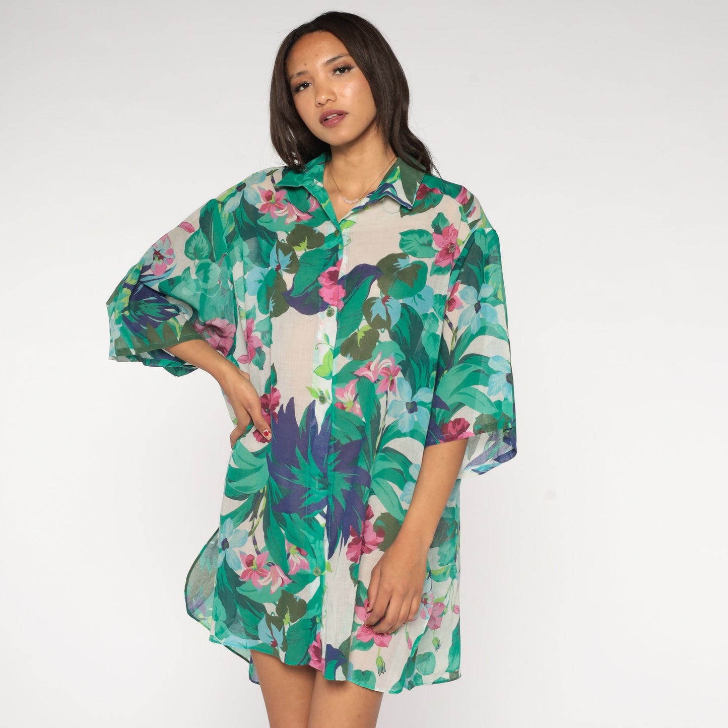 80s Floral Shirtdress White Mini Dress 3/4 Sleeve Button-Up Large