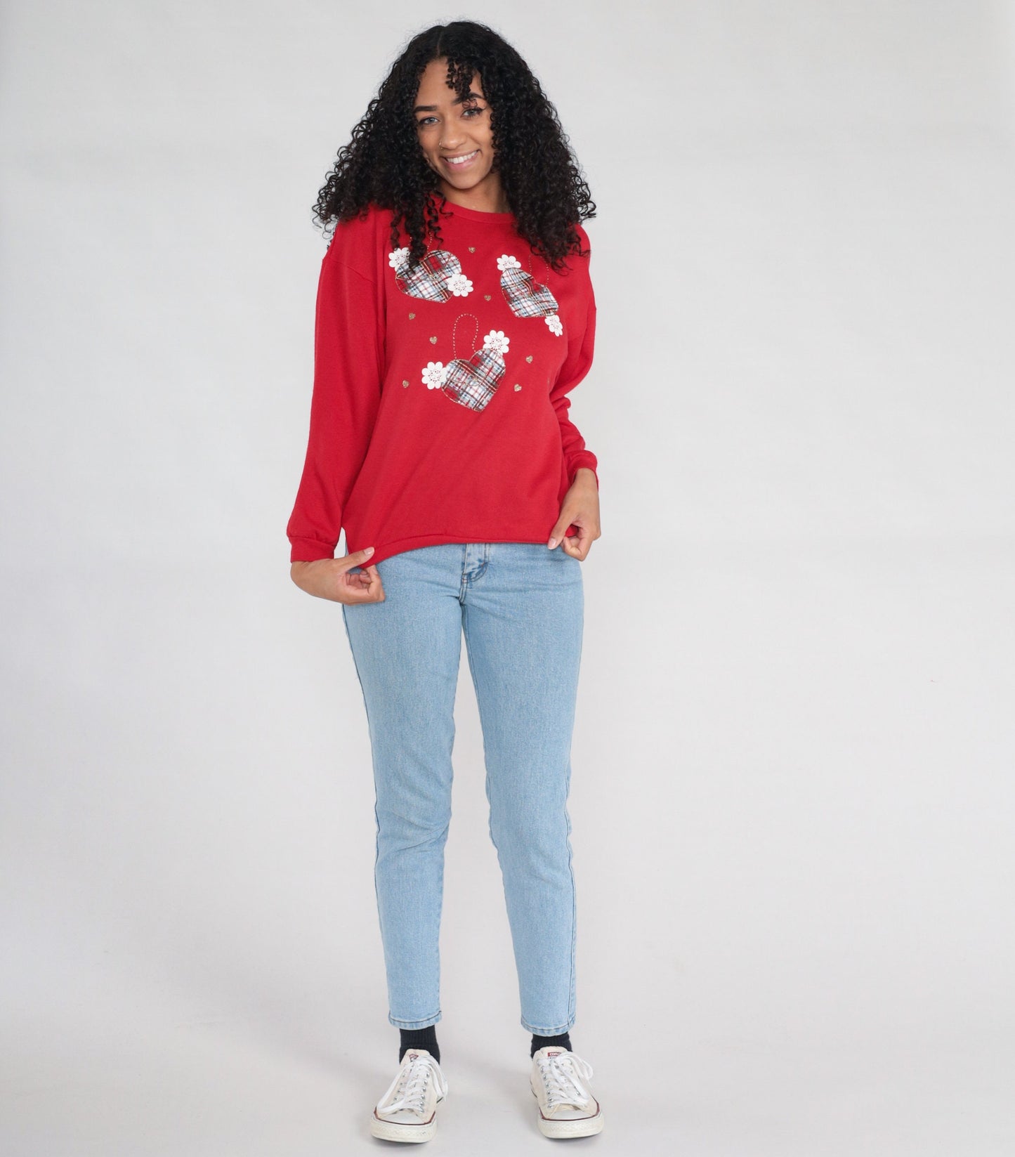 90s Red Plaid Heart Sweatshirt Gold Glitter Crewneck Pullover Medium