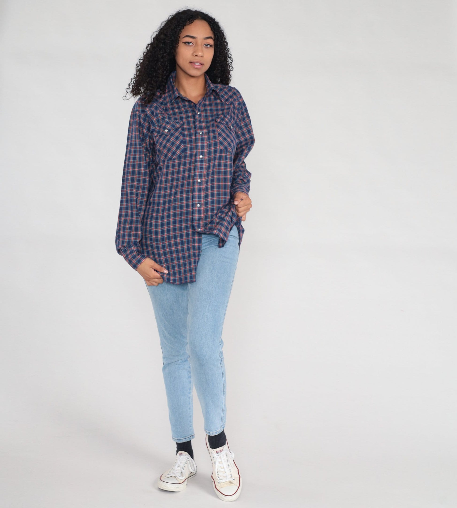 80s Plaid Pearl Snap Western Shirt Blue Cotton Men's Large