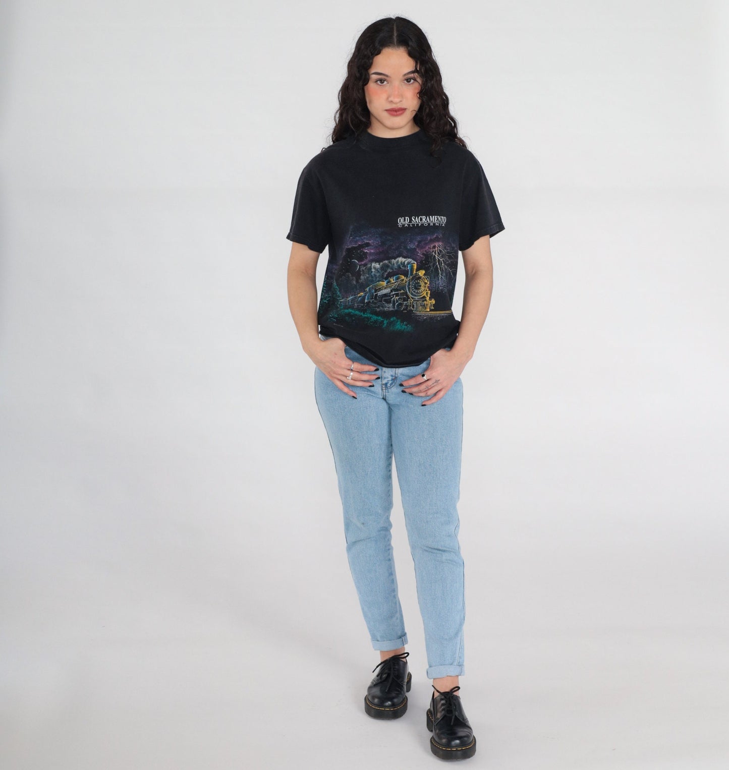 90s Train Shirt Old Sacramento Night Sky Full Moon Graphic Tee Black Medium