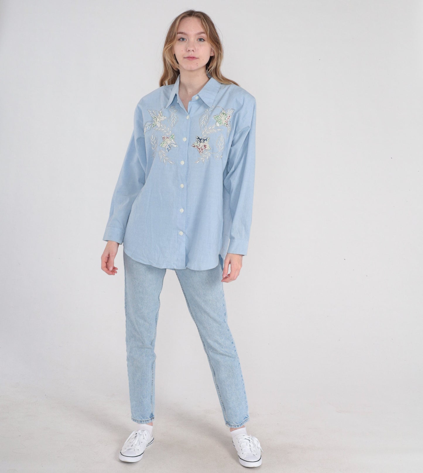 90s Bobbie Brooks Light Blue Pearl Beaded Floral Button-Up Blouse Medium