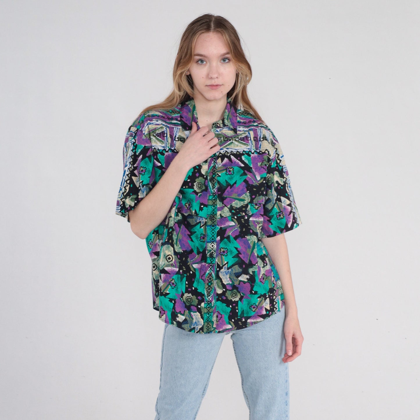 90s Southwestern Geometric Print Button-Up Blouse Black Purple Green Cotton Large
