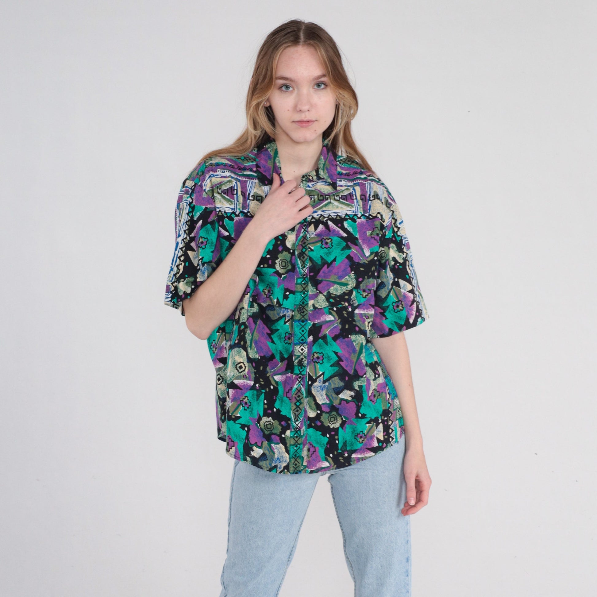 90s Southwestern Geometric Print Button-Up Blouse Black Purple Green Cotton Large