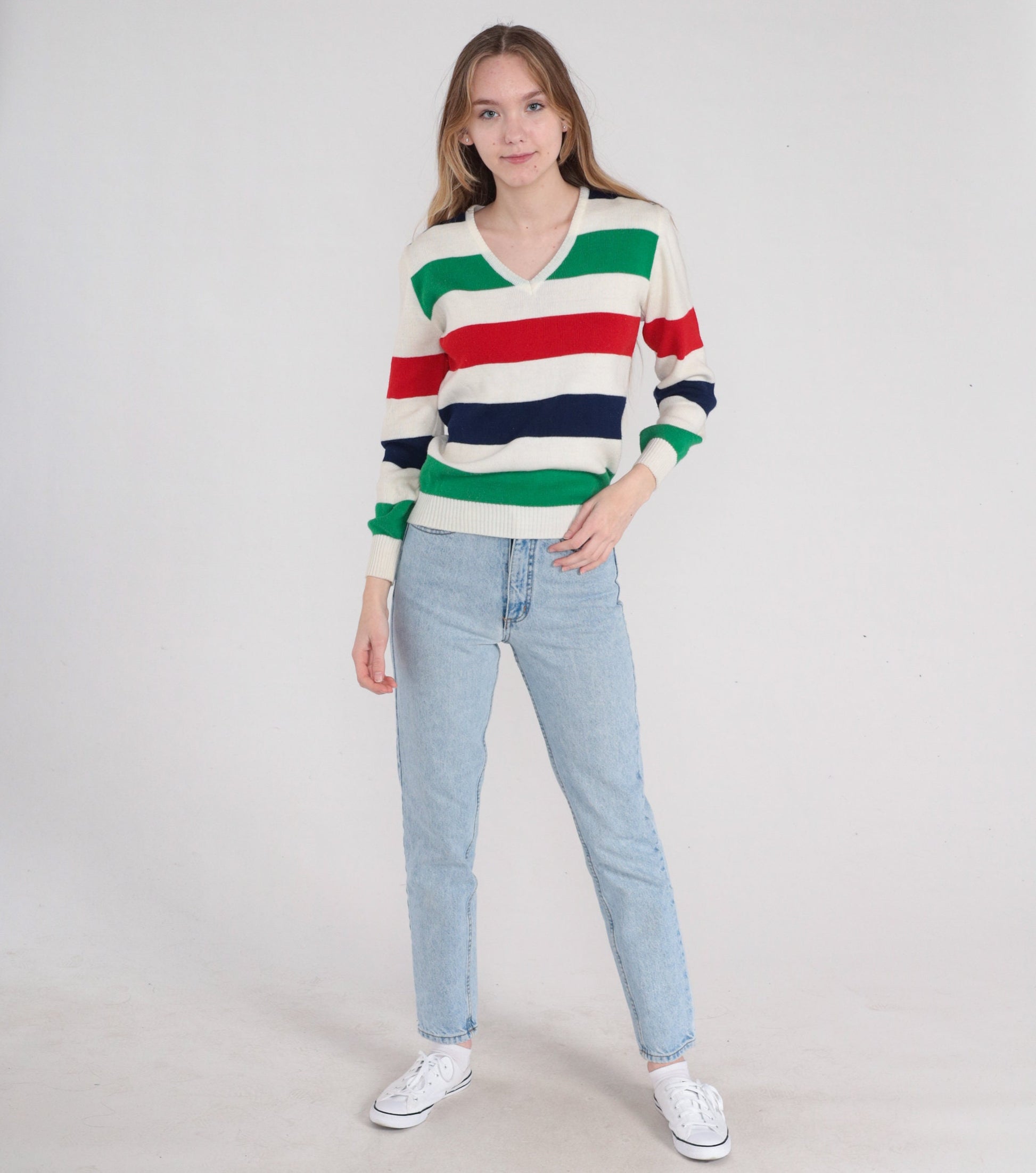 80s Striped V-Neck Sweater White Red Green Navy Pullover Small