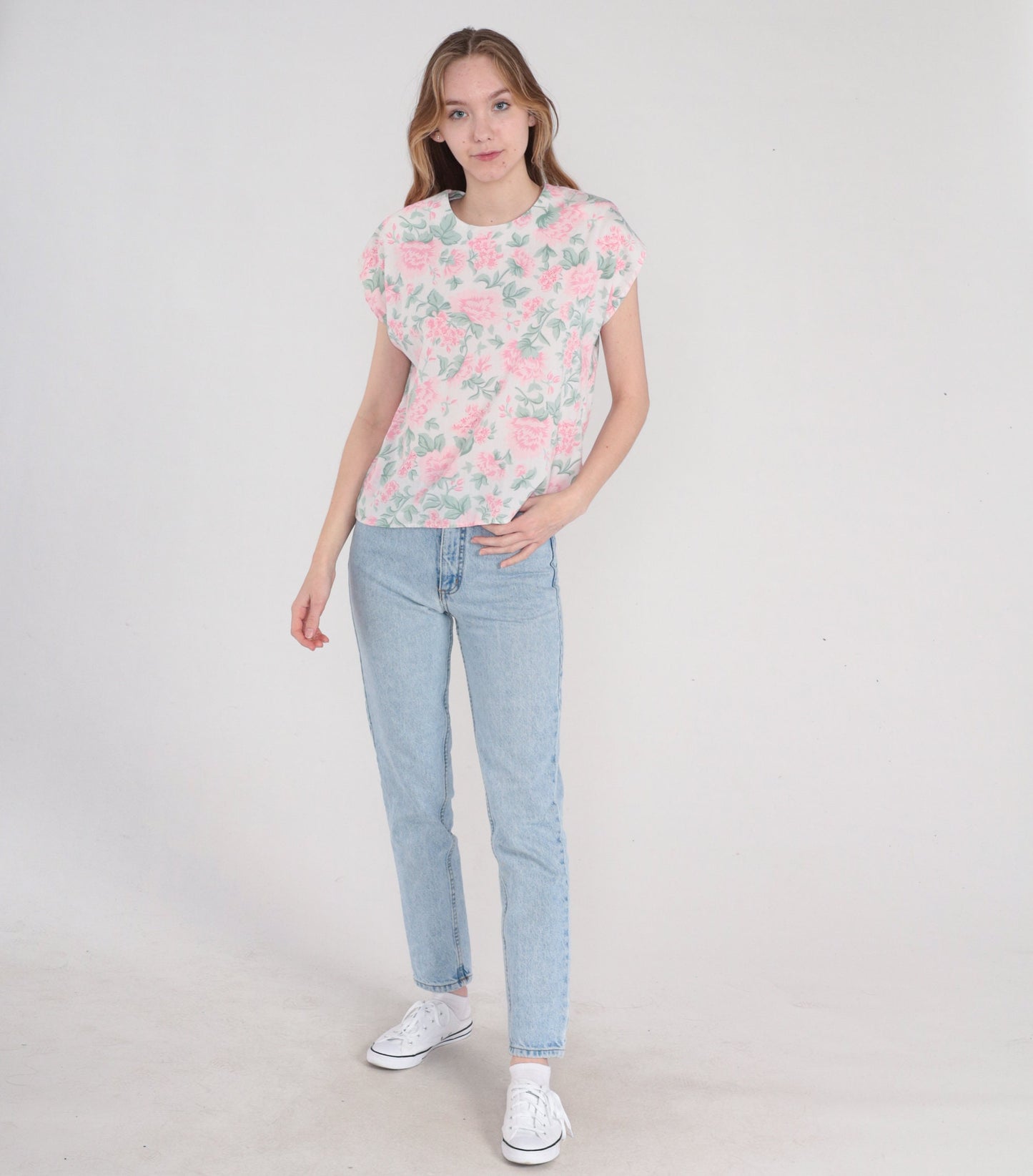 80s White Floral Blouse Cap Sleeve Peony Print Pink Green Medium