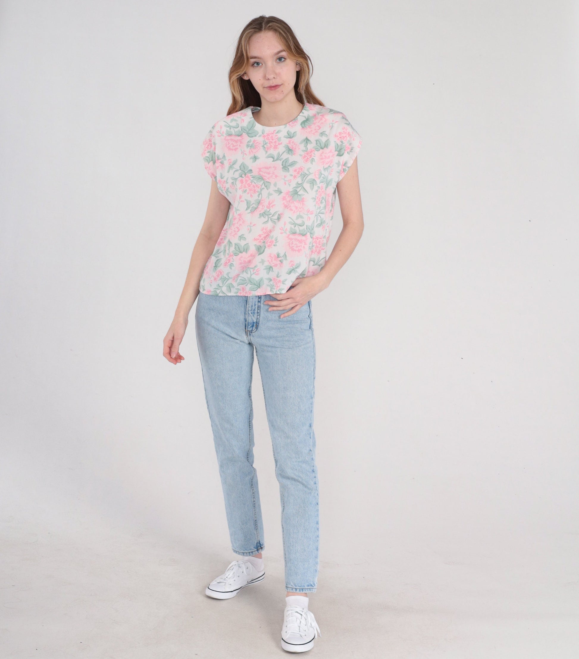 80s White Floral Blouse Cap Sleeve Peony Print Pink Green Medium