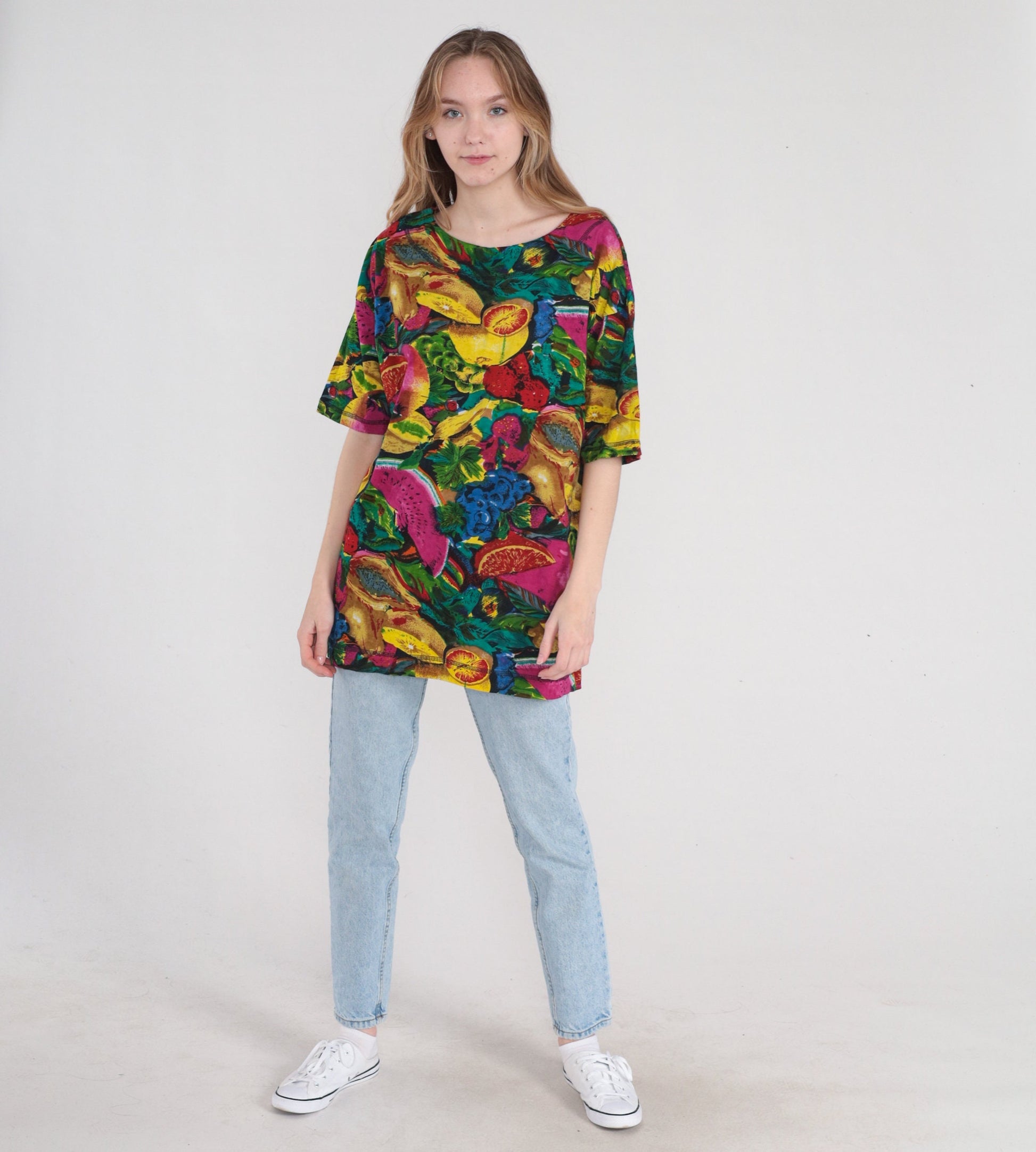 90s Fruit Print Cotton Tunic Blouse Watermelon Grape Colorful Short Sleeve Medium