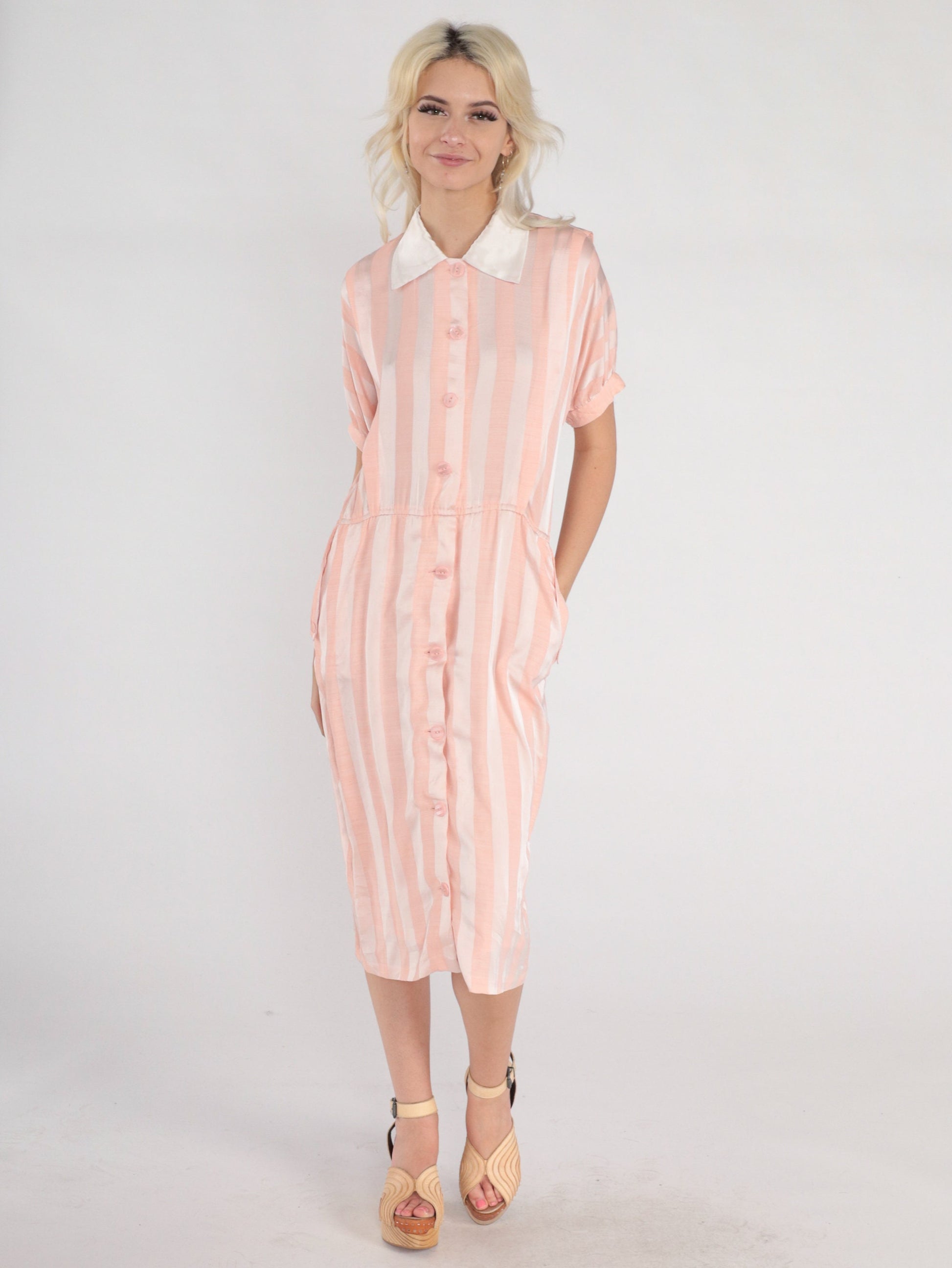 80s Pink White Striped Silk Midi Dress Collared Button-Up Short Sleeve Medium