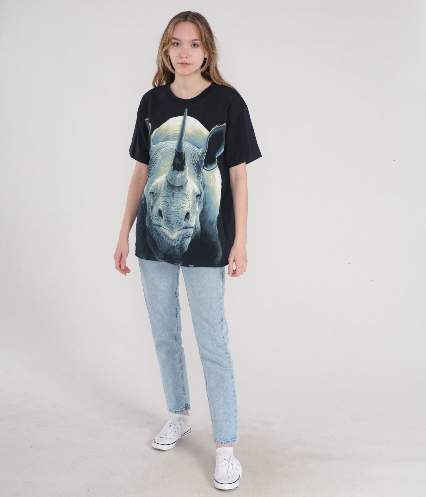 90s Rhino Animal Graphic T-Shirt Black Cotton Wildlife Print Large L