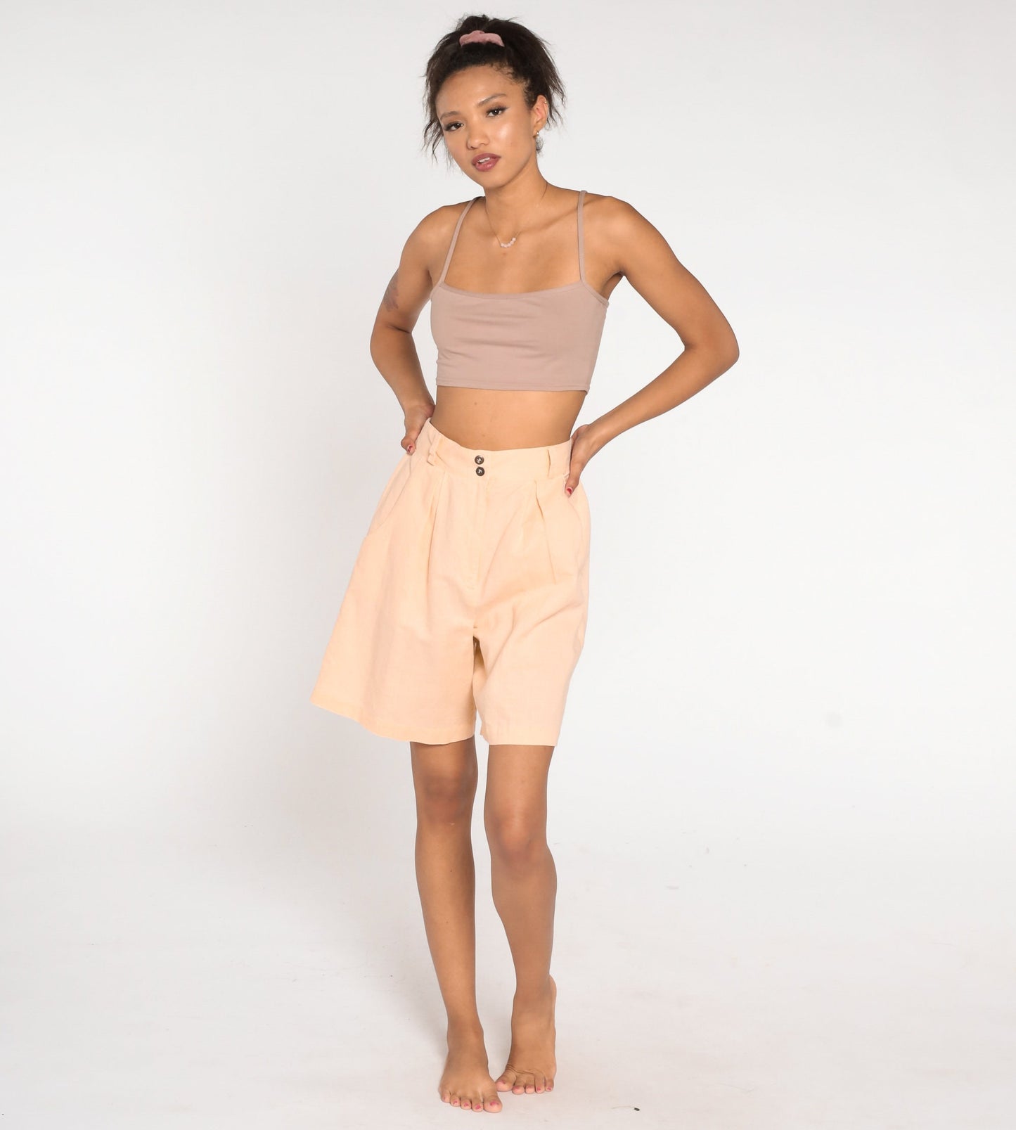90s Light Peach Pleated High-Waist Shorts Cotton Blend Medium