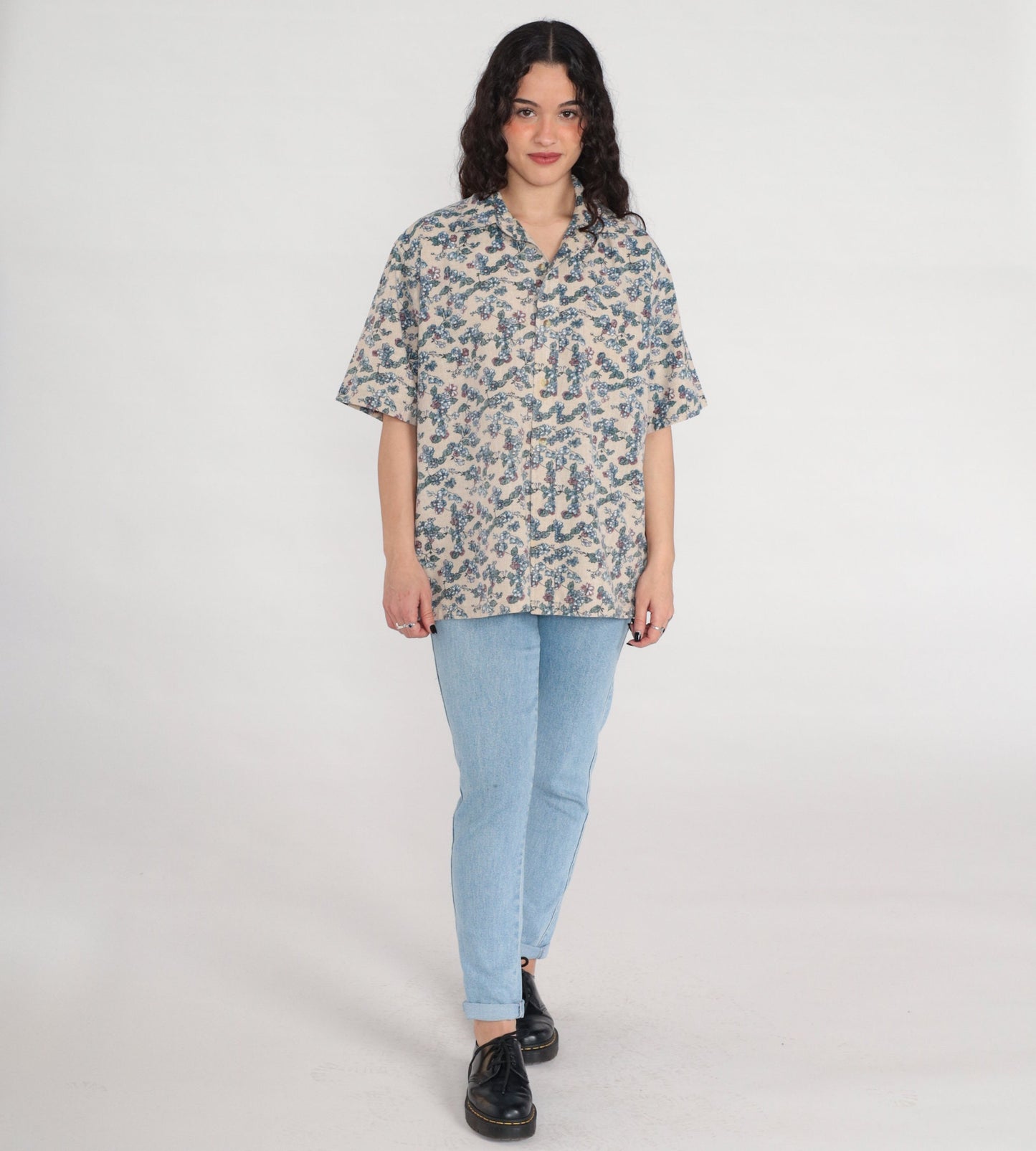 90s Beige Floral Button-Up Shirt Men's Large Short Sleeve Collared