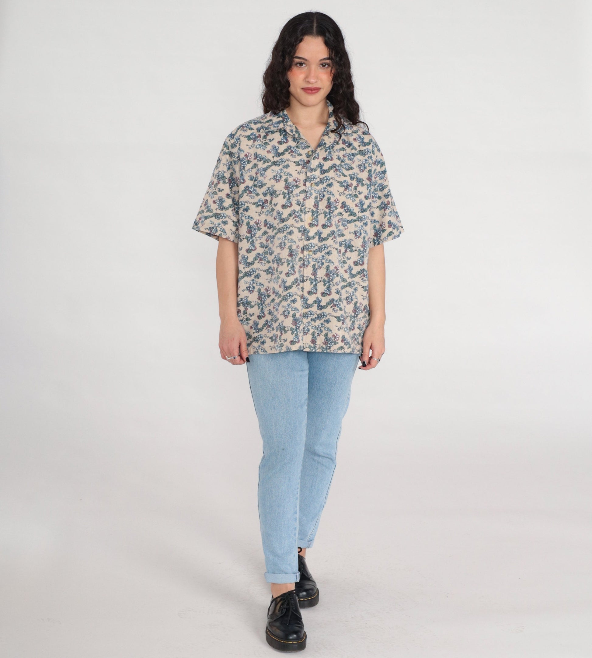 90s Beige Floral Button-Up Shirt Men's Large Short Sleeve Collared