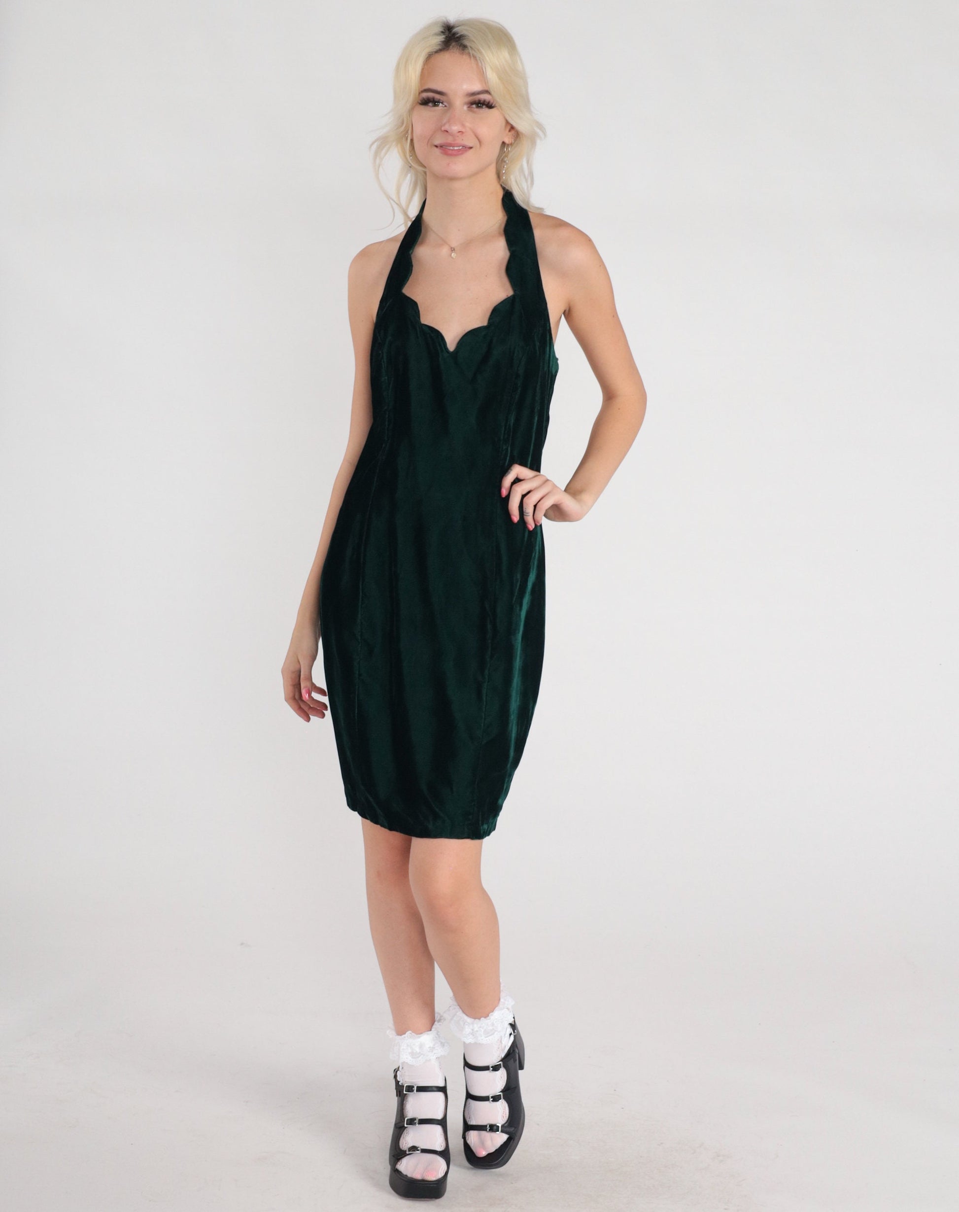 90s Dark Green Velvet Mini Dress Scalloped Halter Open Back Small