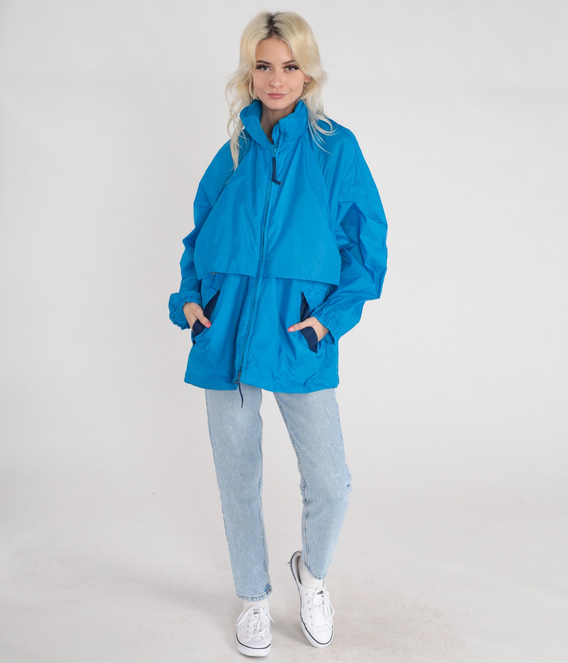 90s Eddie Bauer Blue Nylon Windbreaker Hidden Hood Zip Jacket Large