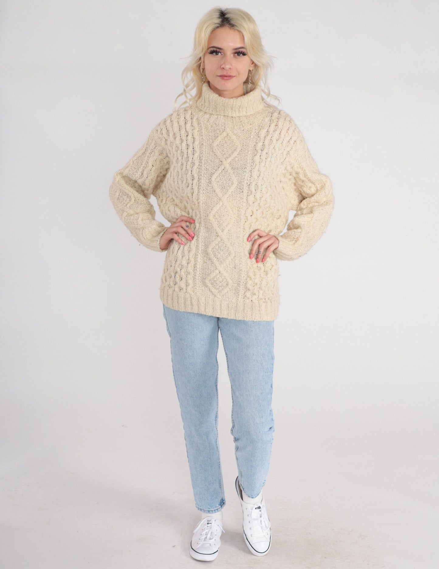 90s Liz Claiborne Cream Cable Knit Wool Turtleneck Sweater Medium M