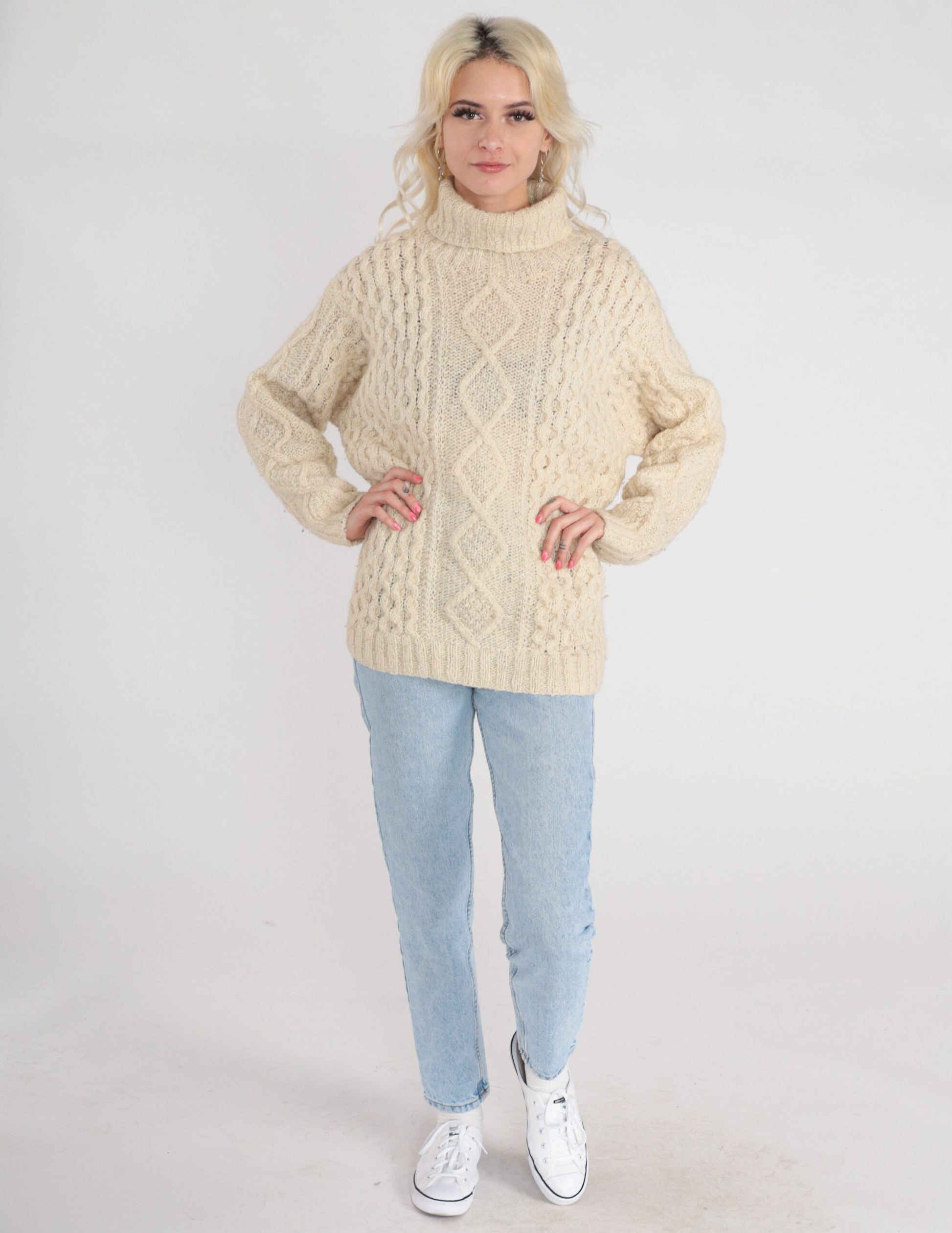 90s Liz Claiborne Cream Cable Knit Wool Turtleneck Sweater Medium M