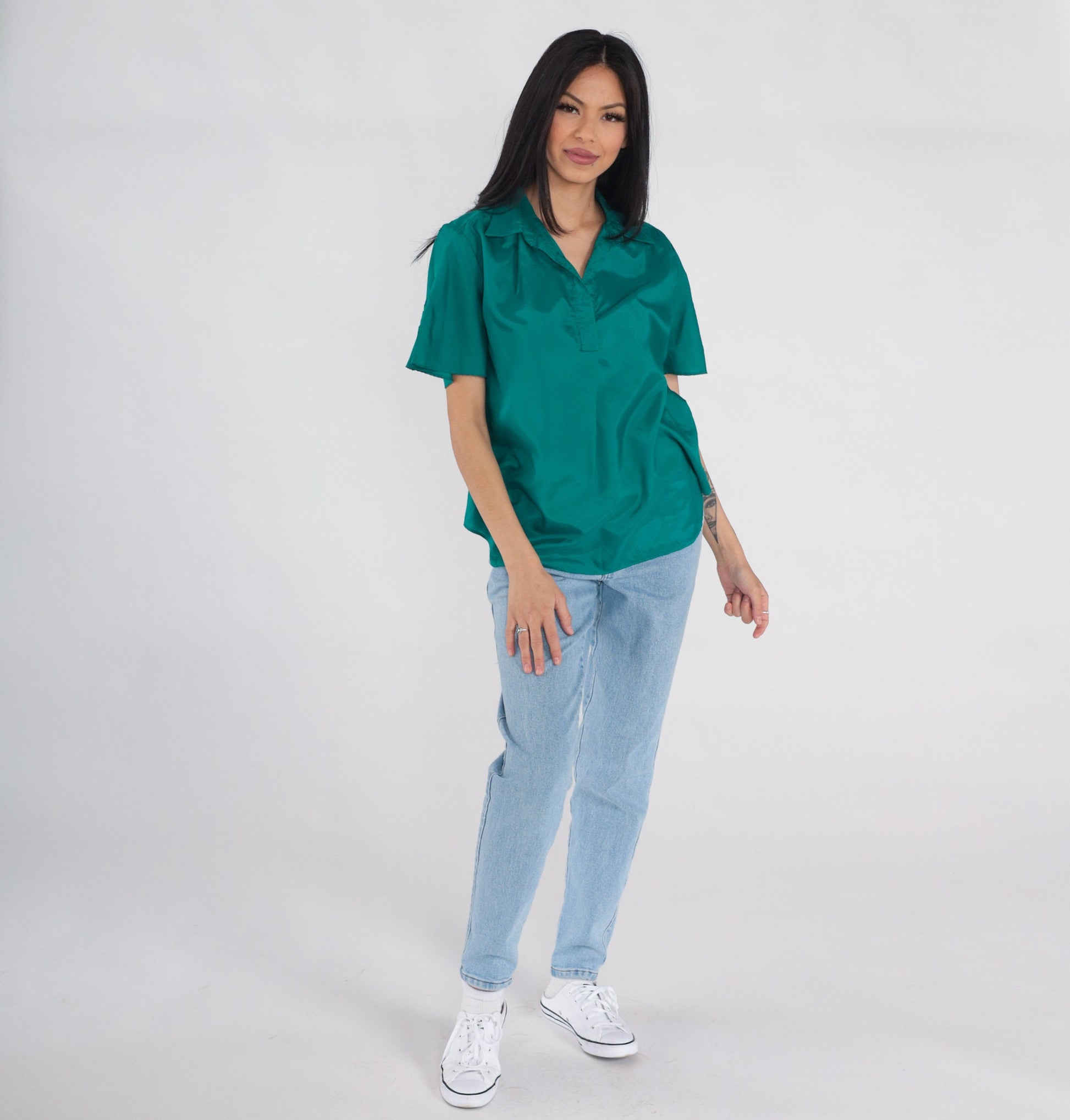 80s You Babes Green Collared Blouse Slit Sleeve V-Neck Medium Large