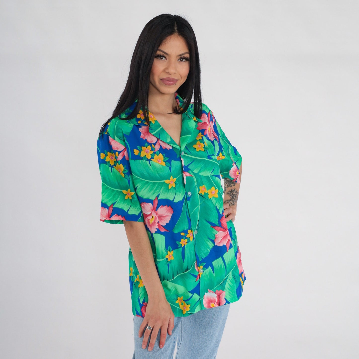 90s Tropical Floral Button Up Shirt Orchid Leaf Print Green Blue Pink Medium