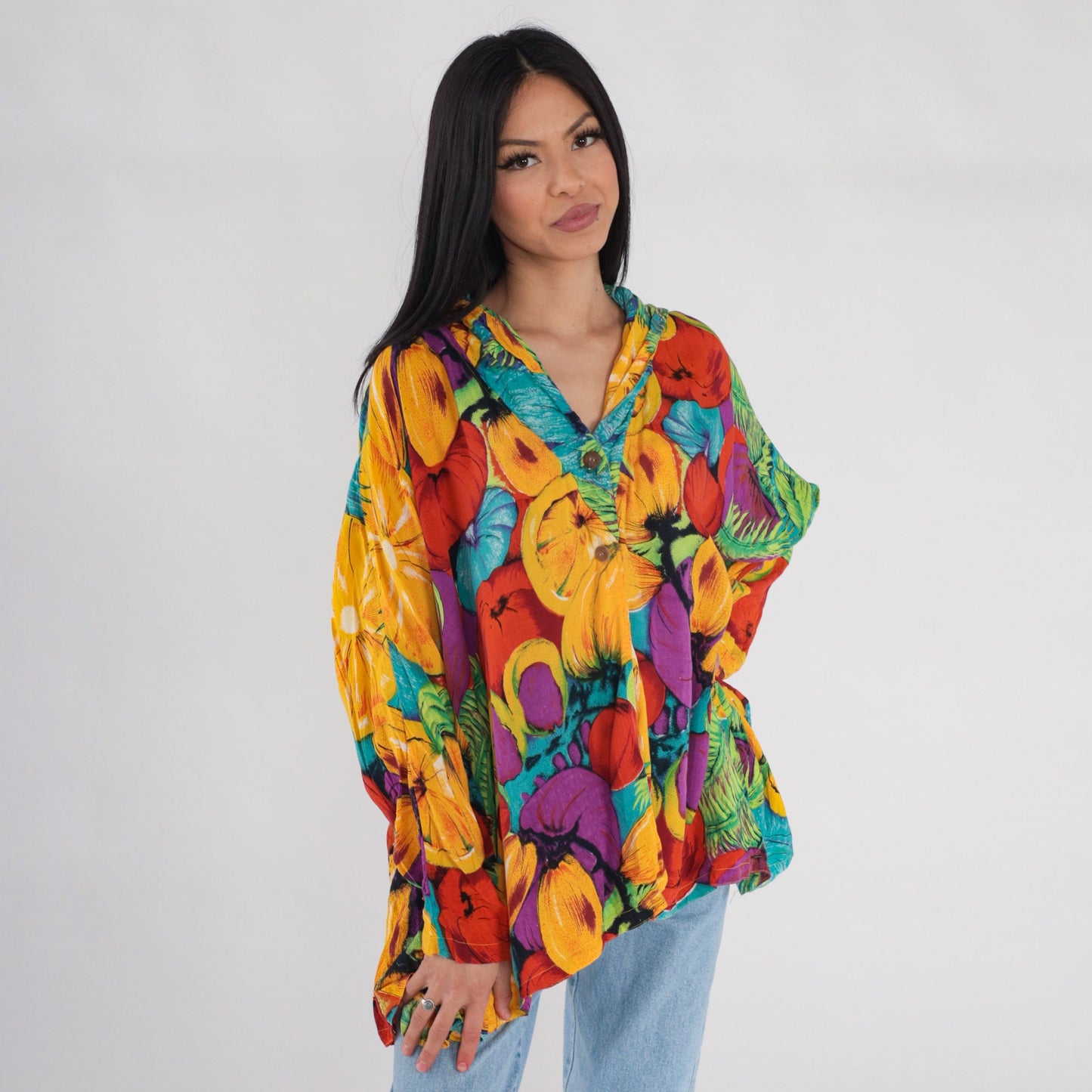00s Fruit Print Hooded Blouse Colorful Long Sleeve High-Low Tunic One Size