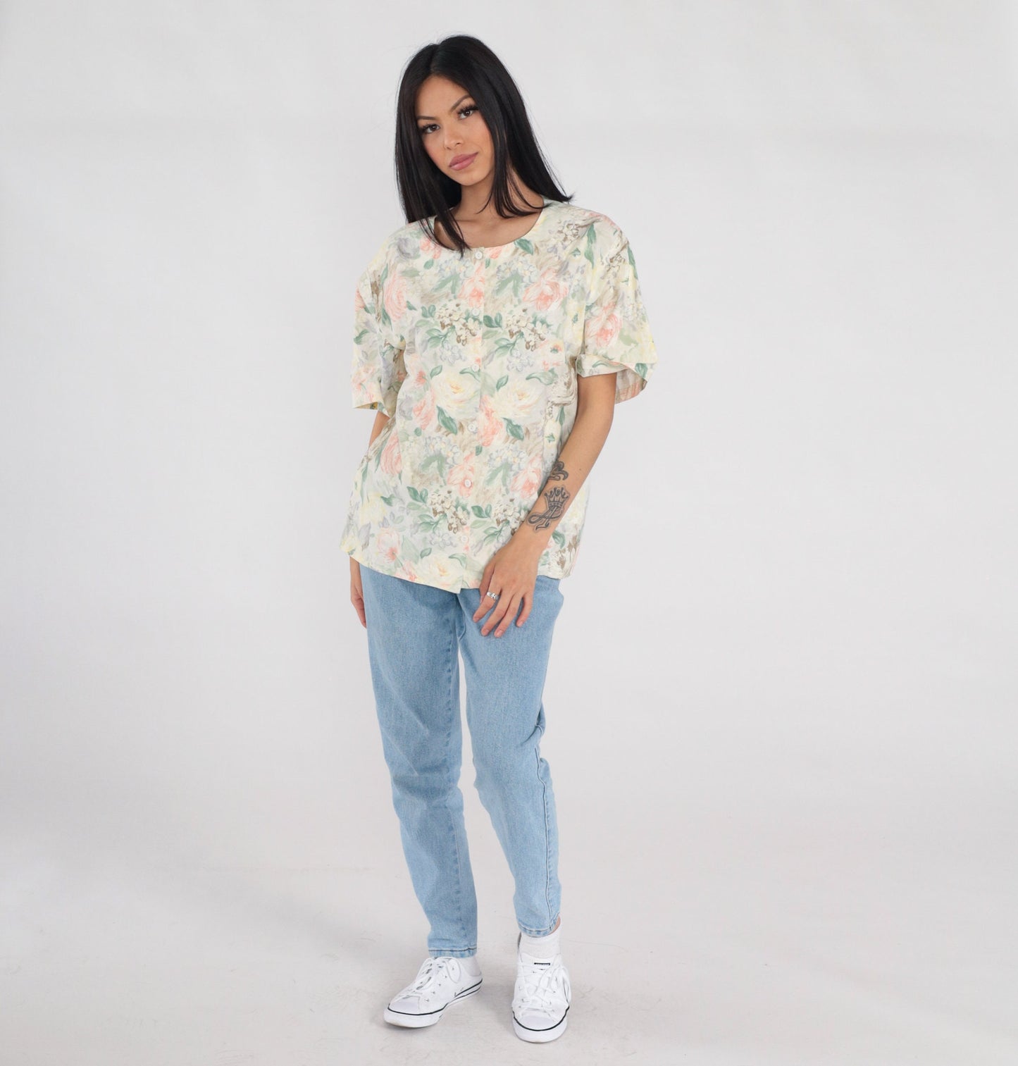 90s Floral Rose Print Button-Up Blouse Short Sleeve Cream Pink Green Large L